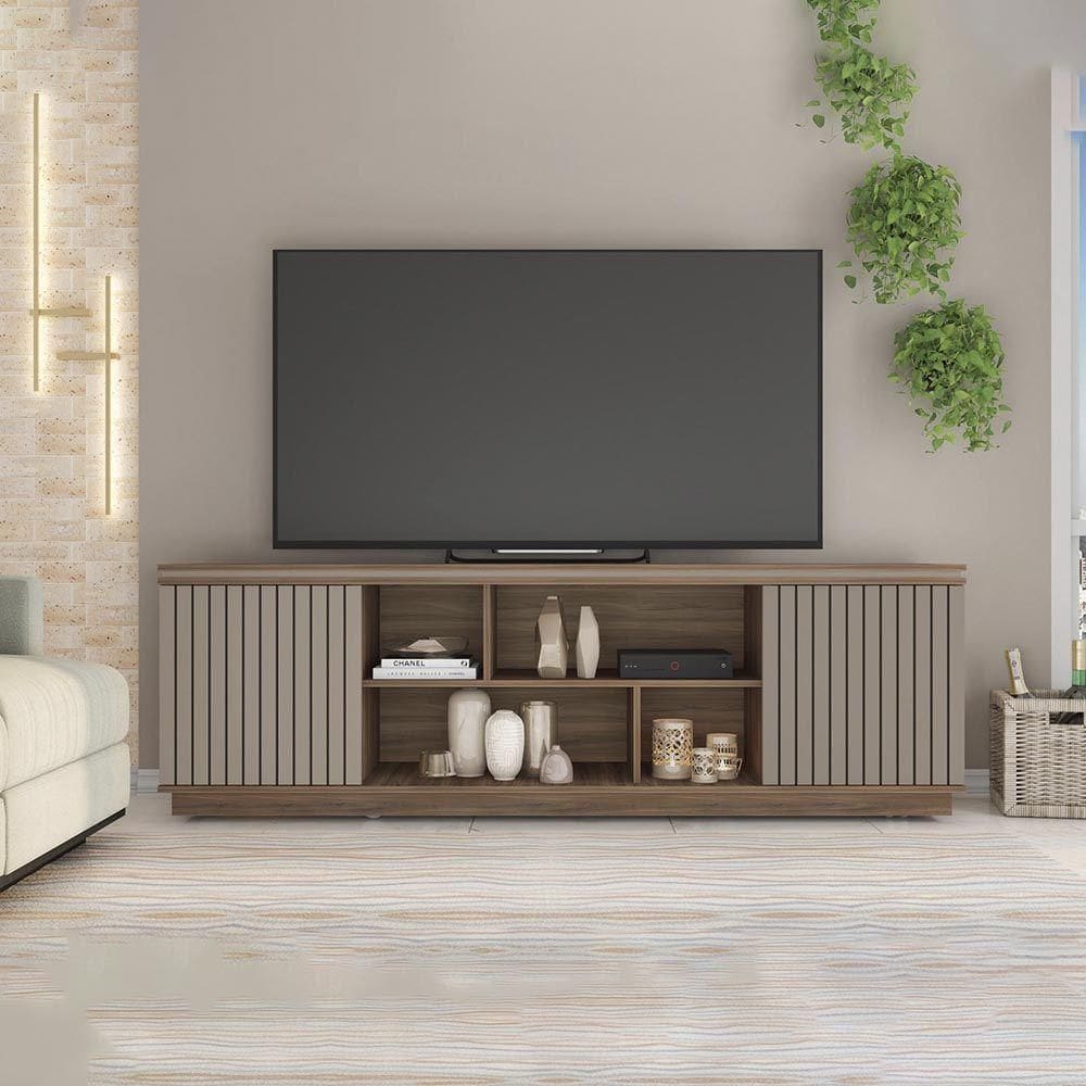 Rack Tv 75 Pol 180cm Bancada Ripado Com Rodízio Noan C01 - D`rossi Cor Nogueira/fendi