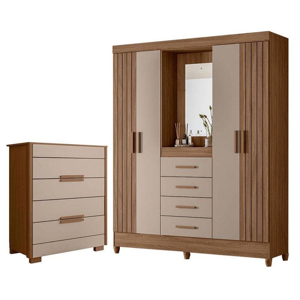 Guarda Roupa Solteiro Com Espelho Atenas E Cômoda Dhara Carvalho Fendi - Moval
