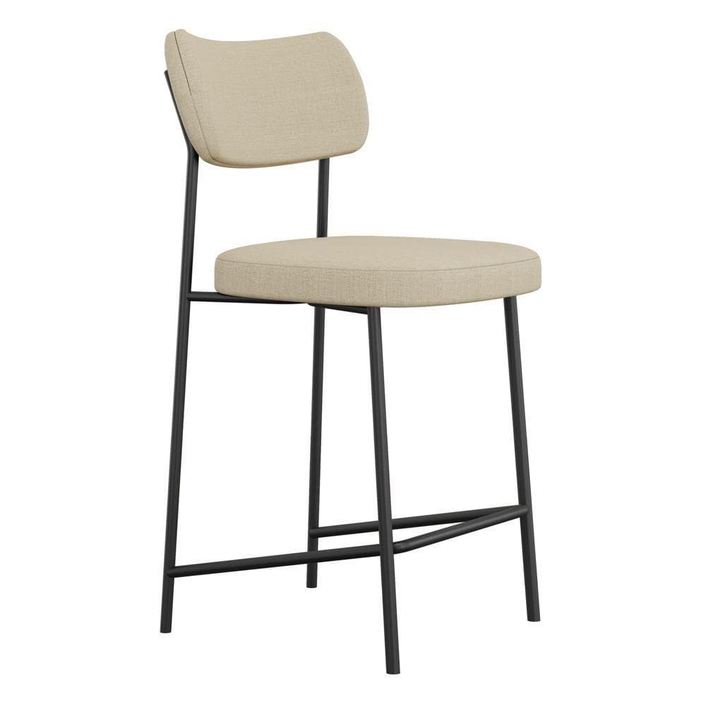 Banqueta Média Para Cozinha Lila Estofada Com Encosto Linho Bege - Abmaza