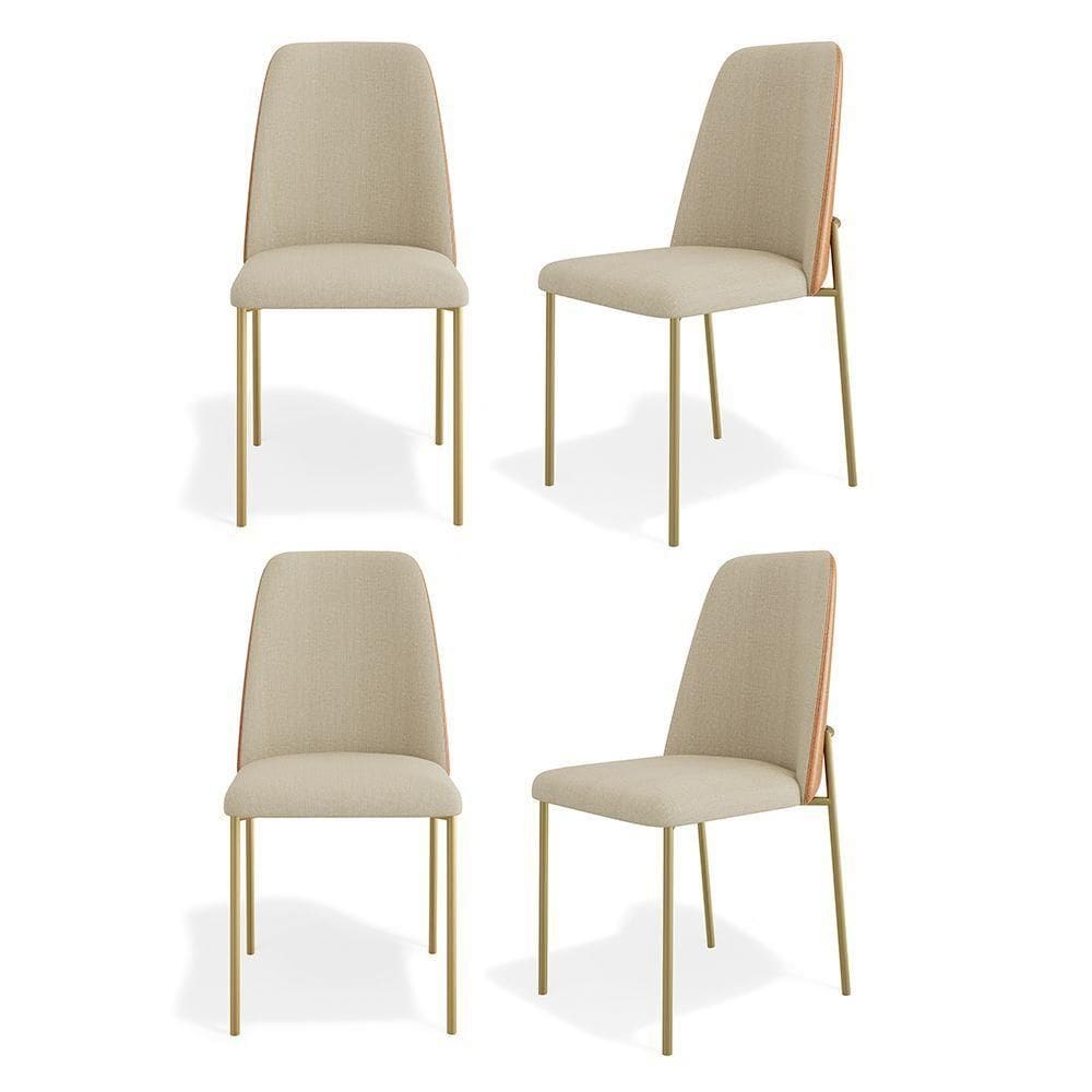 Kit 04 Cadeiras Sala De Jantar Lior Estofada Base Dourada Linho Bege Couríssimo Whisky - Abmaza
