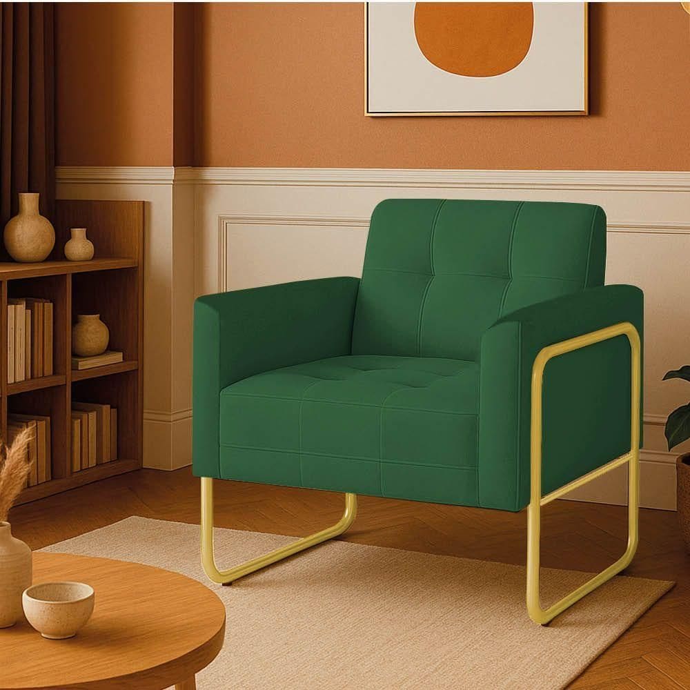 Poltrona Sala Industrial Alta Tubo Dourado Elisa Suede Verde D03 - D`rossi