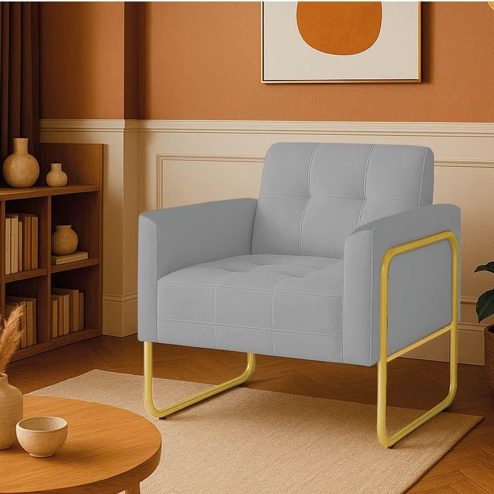 Poltrona Sala Industrial Alta Tubo Dourado Elisa Suede Cinza D03 - D`rossi