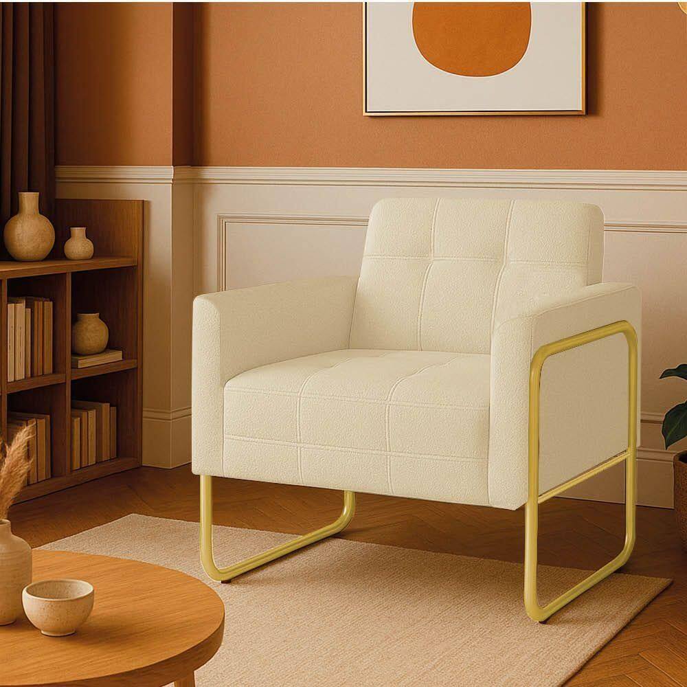 Poltrona Sala Industrial Alta Tubo Dourado Elisa Bouclê Bege D03 - D`rossi