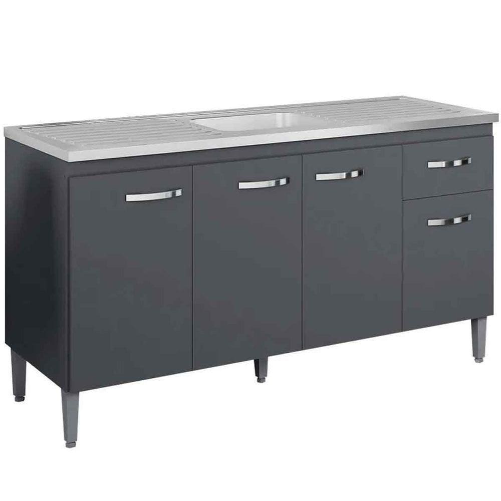 Balcão de Pia Para Cozinha 150 Cm Graziela 4 Portas 1 Gaveta Cinza
