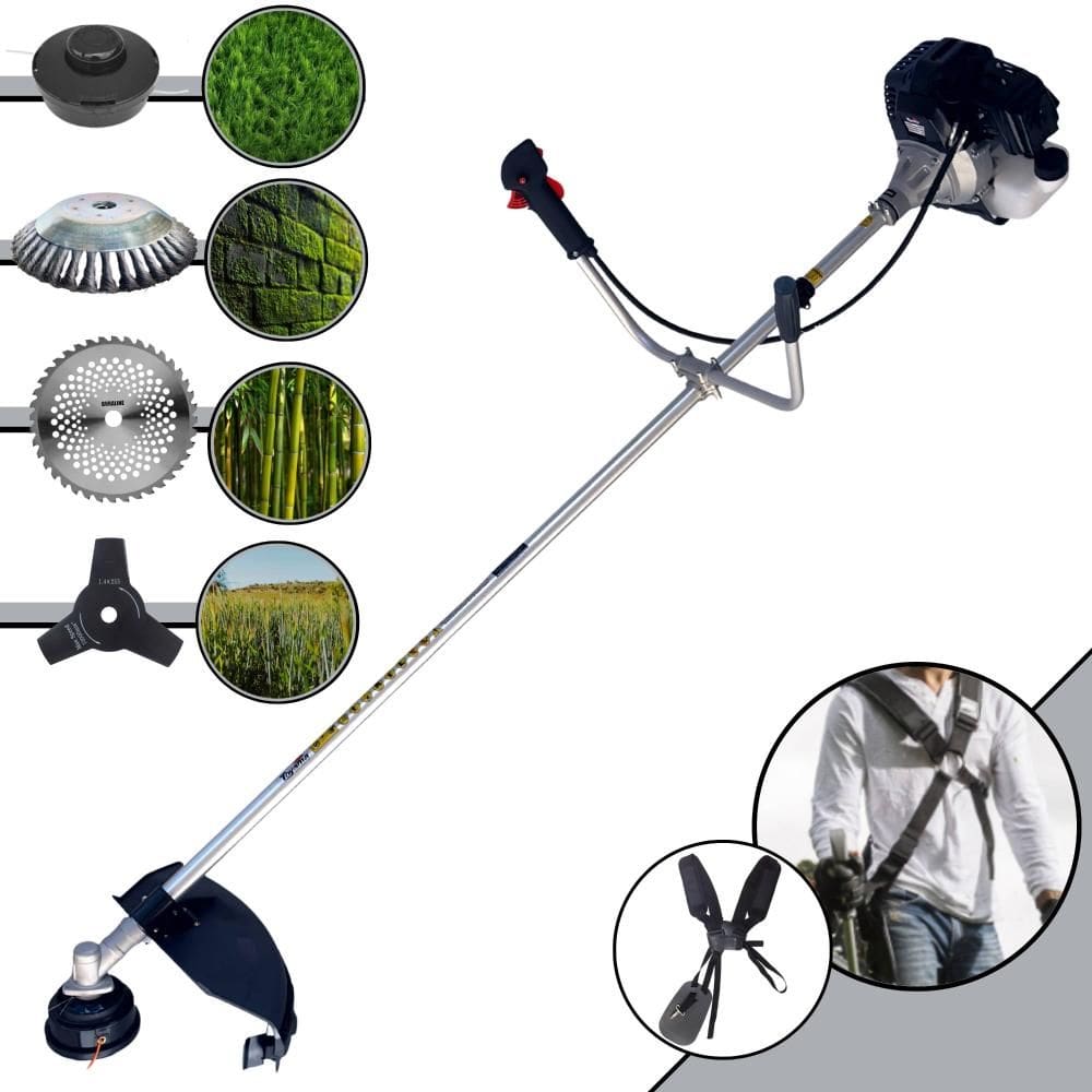 Roçadeira À Gasolina Toyama RT43LB-25A 43cc 1,7HP 10.000rpm Motor 2T Com Lâmina 3 Pontas + Lâmina 40 Dentes de Vídea + Escova de Aço + Carretel Nylon