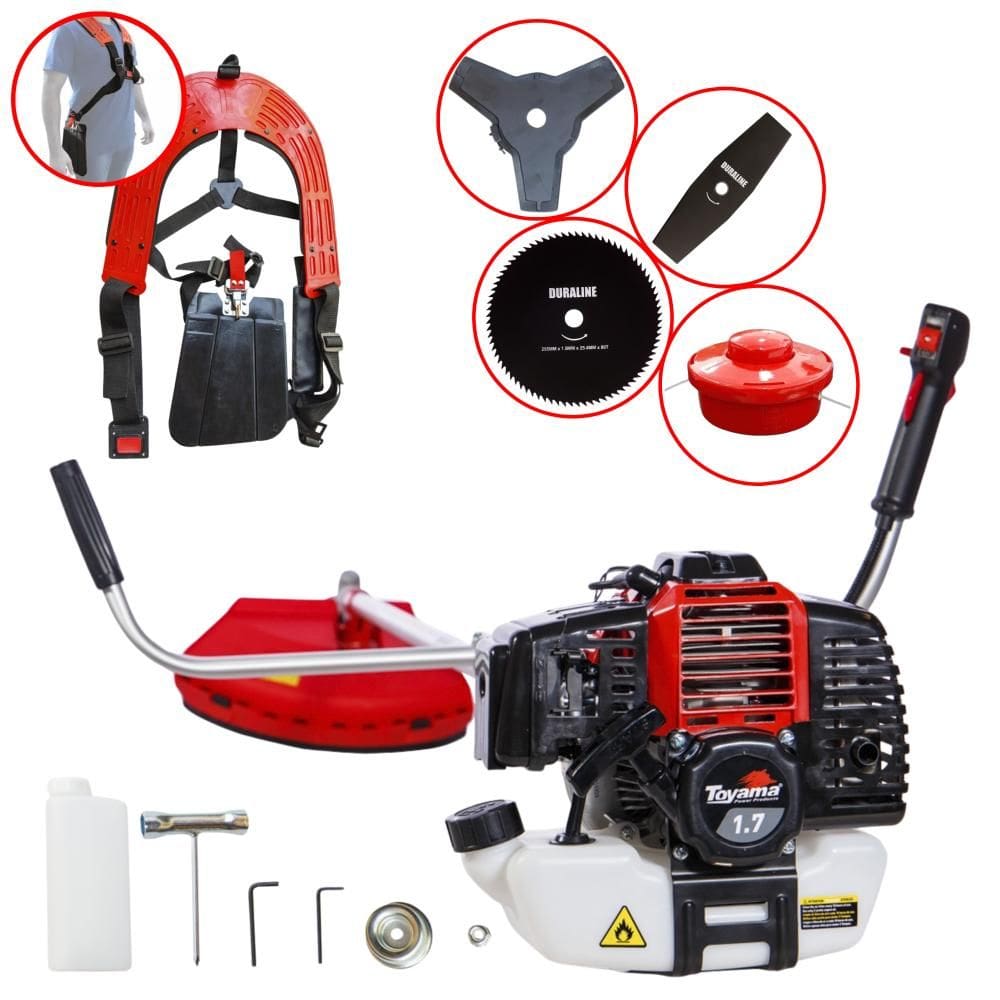 Roçadeira Cortador de Grama RT43L Toyama À Gasolina 43cc 1,7HP 10.000rpm Com Carretel Nylon + Faca 3 Pontas + Faca 80 Dentes + Escova de Aço 38 Cerdas