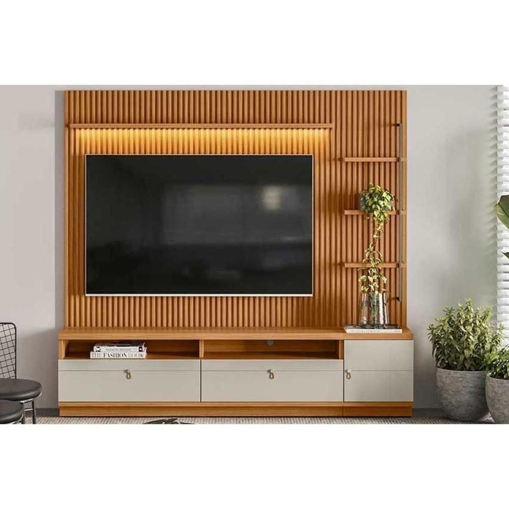 Home P/ Tv Até 75 Pol Ouro Preto Ripado C/ 2gav. 1pta. 3 Prat. E Leds 224x198cm Nature/off White - Linea