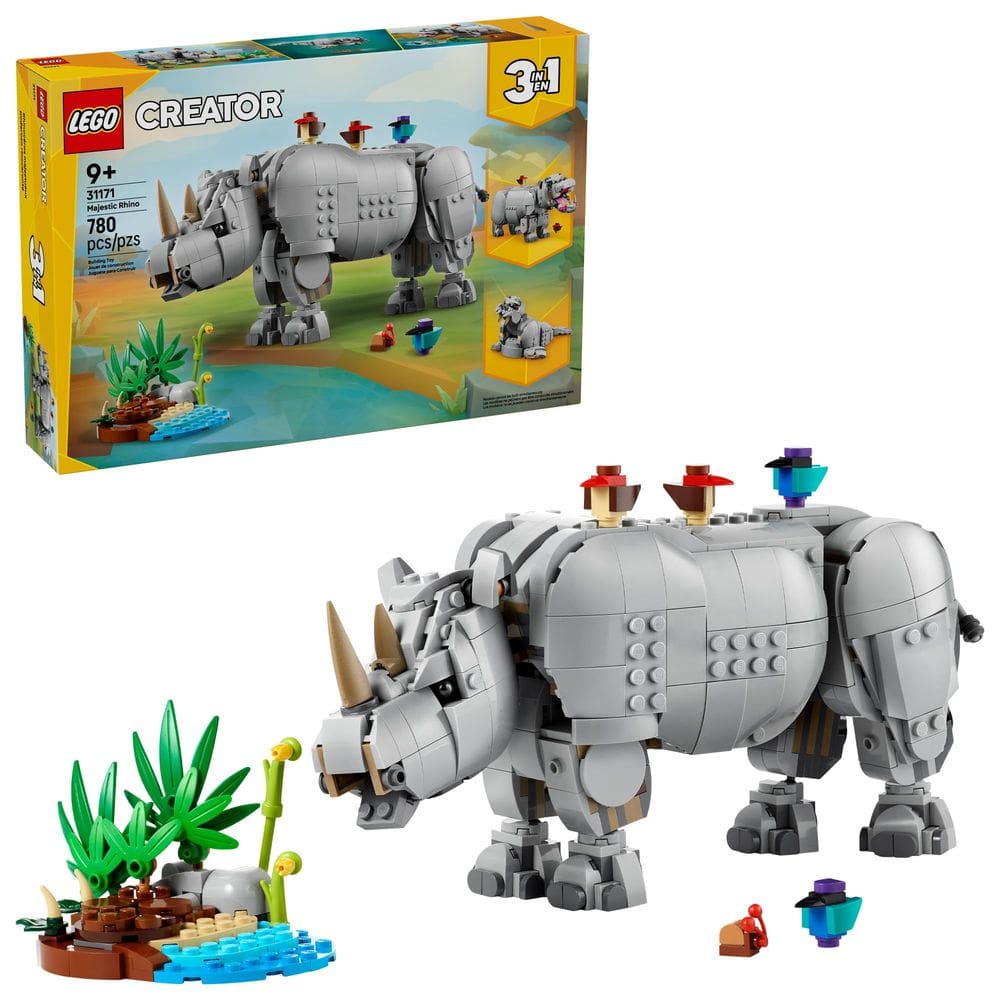 Brinquedo LEGO Creator 3 em 1 Wild Animals Majestic Rhino com pássaros