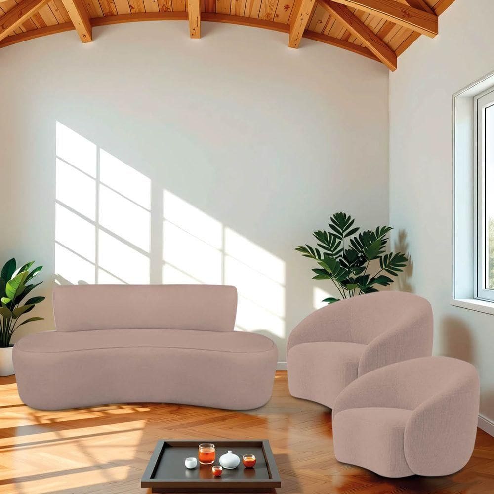 Kit Recamier Curvo Amsterdã 120cm E 2 Poltronas Amore Luxo Linho Cor Rosê