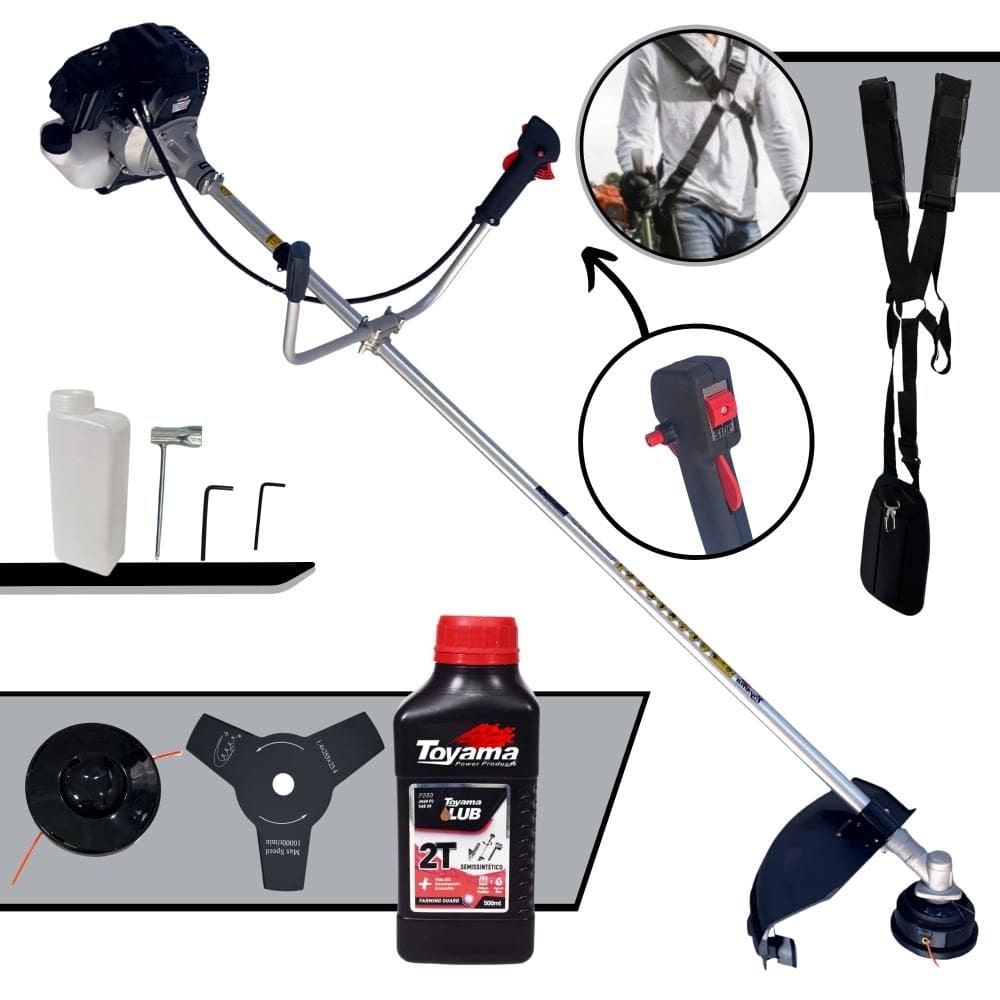 Roçadeira Com Sistema Anti-Vibração Toyama RT43LB-25A À Gasolina 43cc 1,7HP Alta Rotação Completo Com Carretel de Nylon + Faca 3 Pontas + ÓLEO TOYAMA