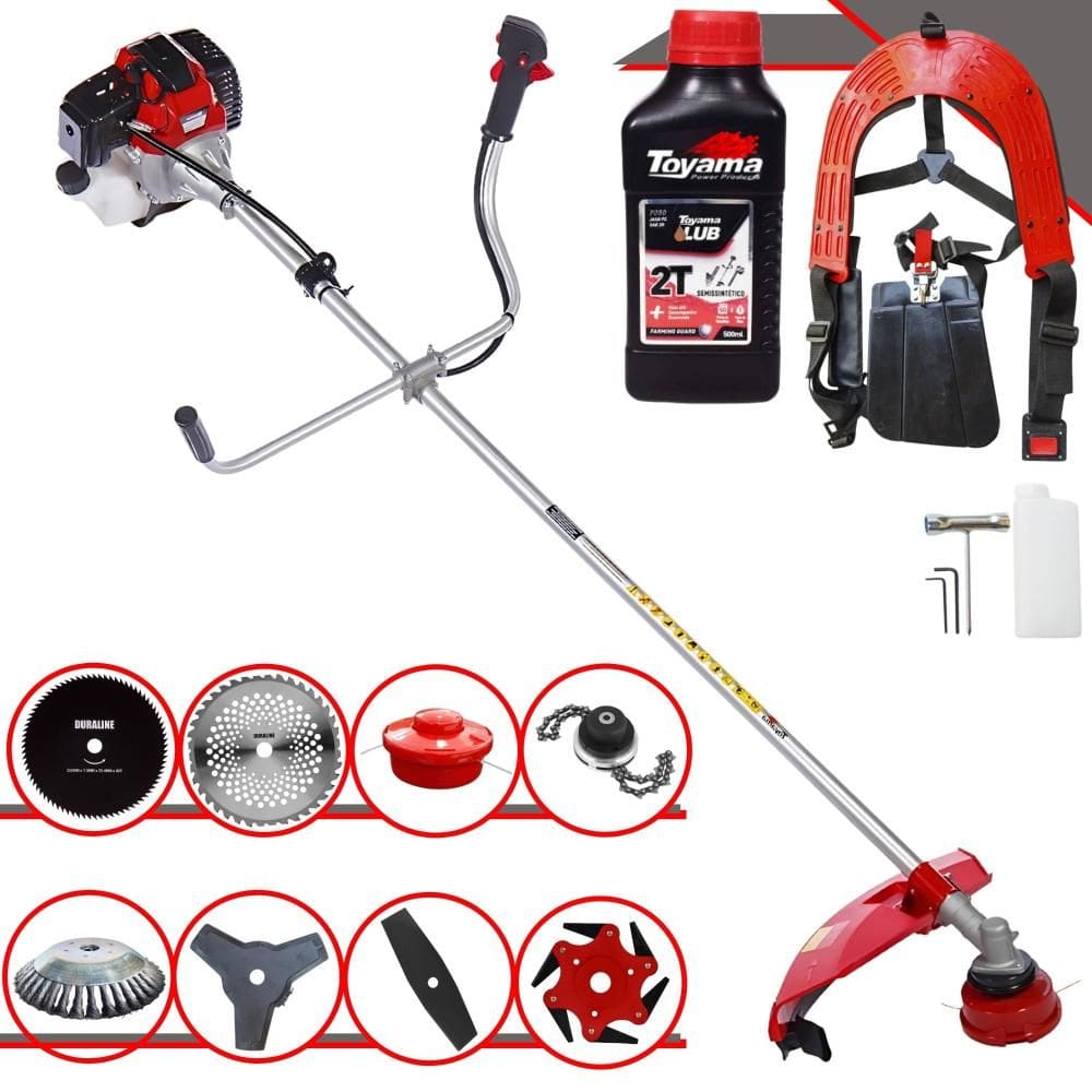 Roçadeira Robusta Toyama RT43L À Gasolina 2T 43cc 1,7HP Com Sistema Anti-Vibração Completa Com Carretel Nylon + 7 Lâminas de Corte + ÓLEO TOYAMA FG50