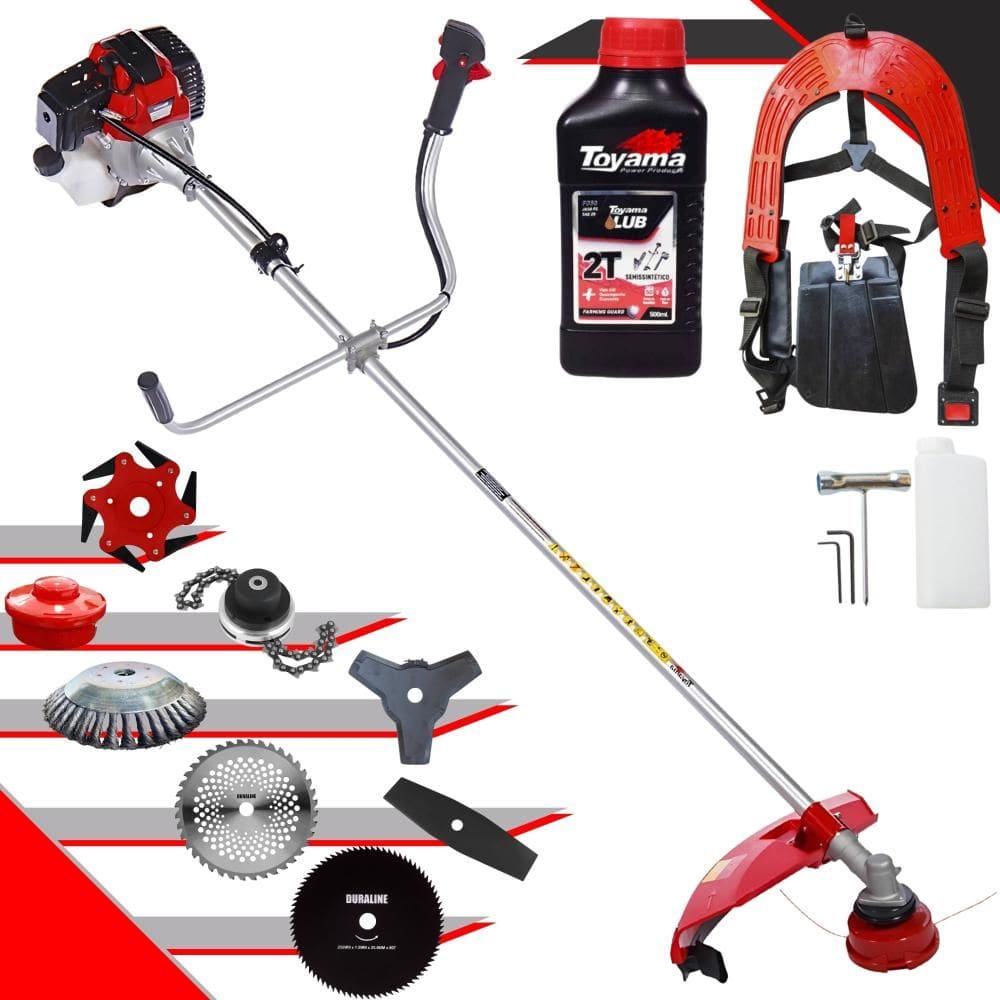 Podador de Grama Toyama RT43L 43cc + Facas 2 Pontas, 3 Pontas, 6 Pontas, 40 Dentes Vídea, 80 Dentes, Trimmer, Carretel, Escova de Aço + ÓLEO TOYAMA