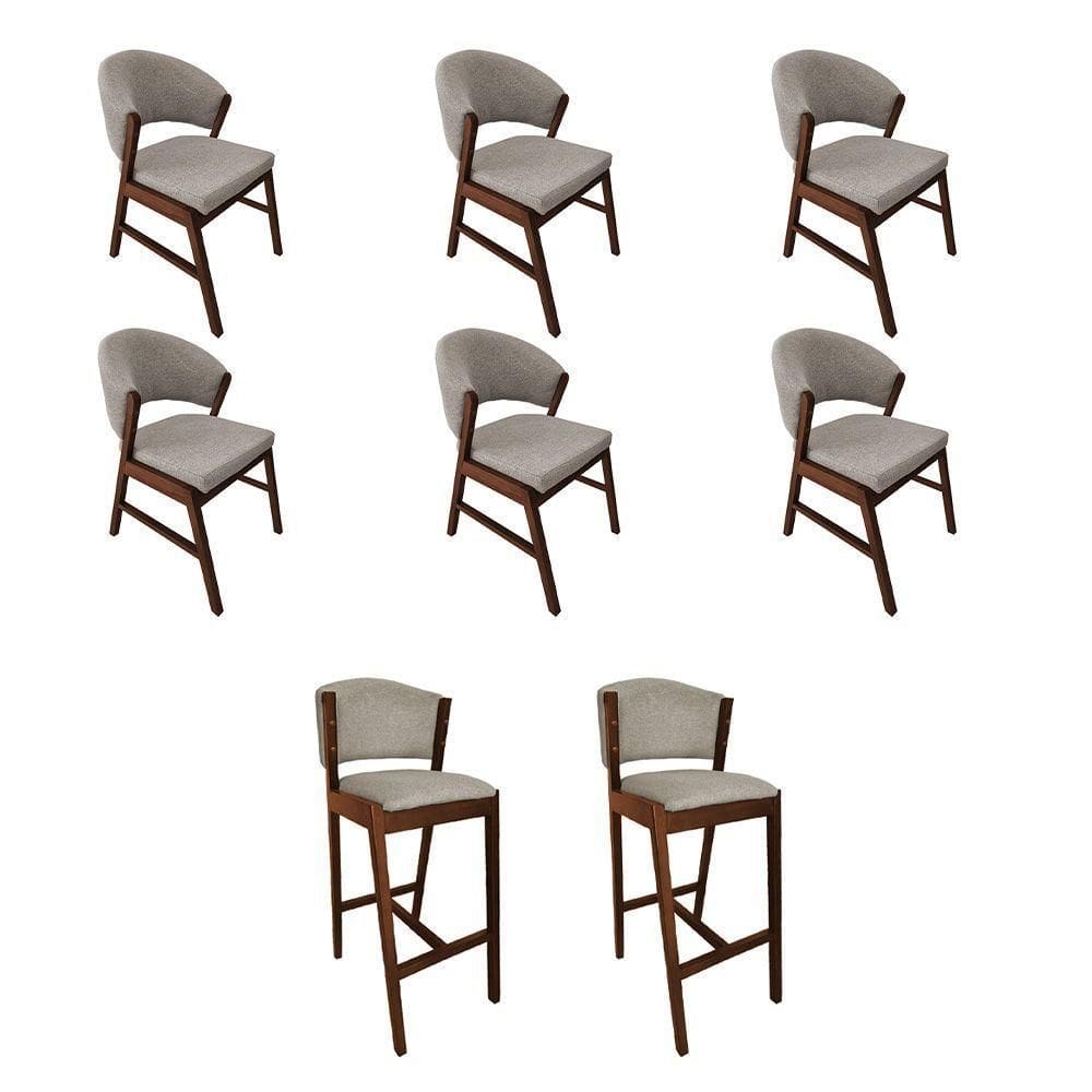 Kit 6 Cadeiras De Jantar Debora Com 2 Banquetas Ana Madeira Maciça Premium Linho Bege