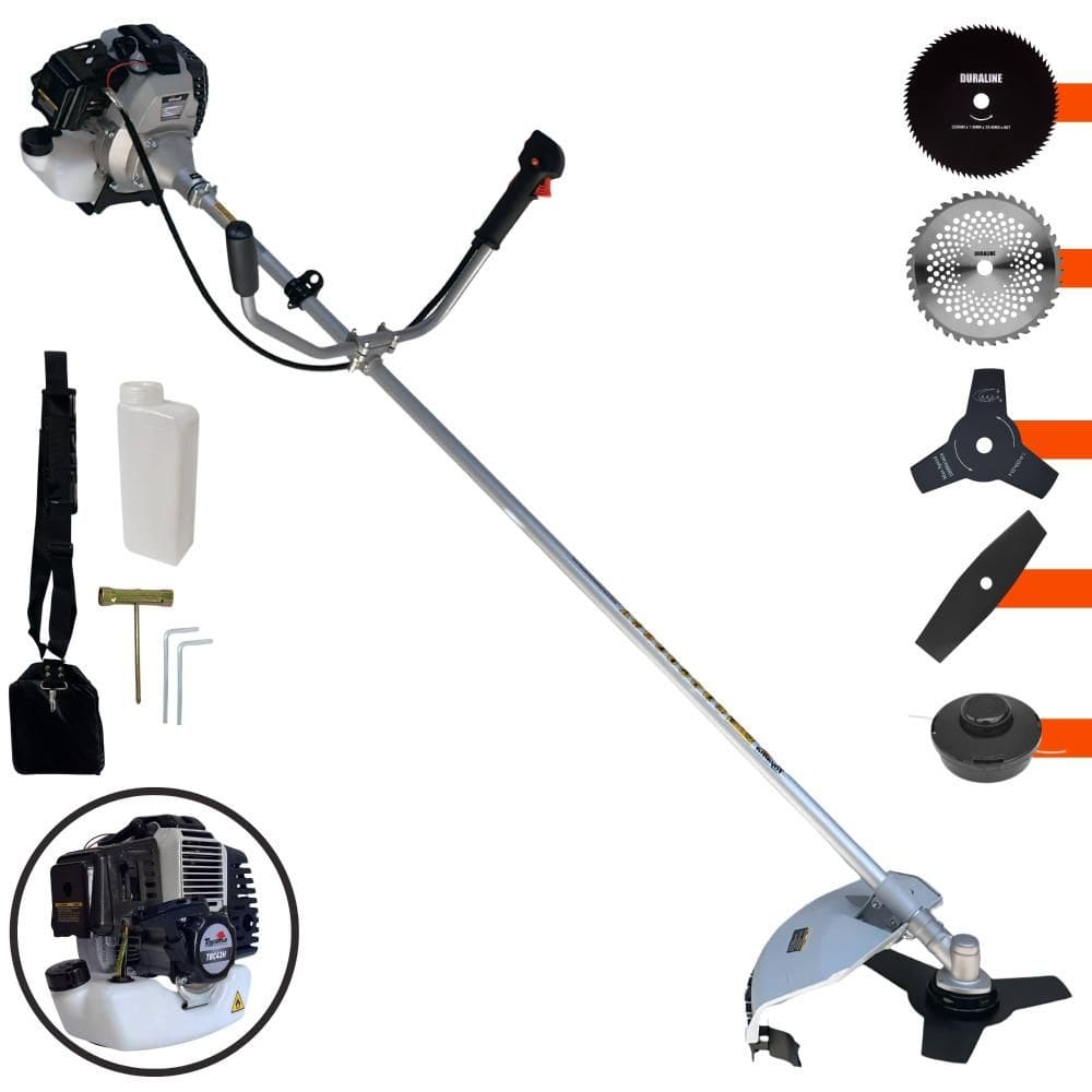 Roçadeira Com Sistema Anti-Vibração Toyama TBC43H À Gasolina 43cc Para Todos os Tipos de Trabalho Com Carretel de Nylon + Kit de 4 Lâminas de Cortes
