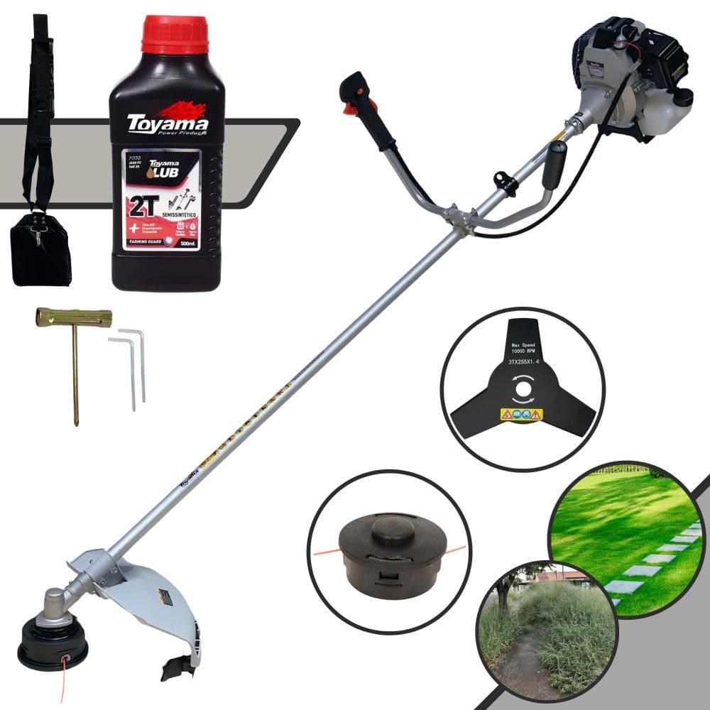 Roçadeira Profissional Com Sistema Anti-Vibração Toyama TBC43-H 43cc 1,7HP Aparador de Grama Com Cabeçote de Nylon + Lâmina 3 Pontas + ÓLEO TOYAMA 2T