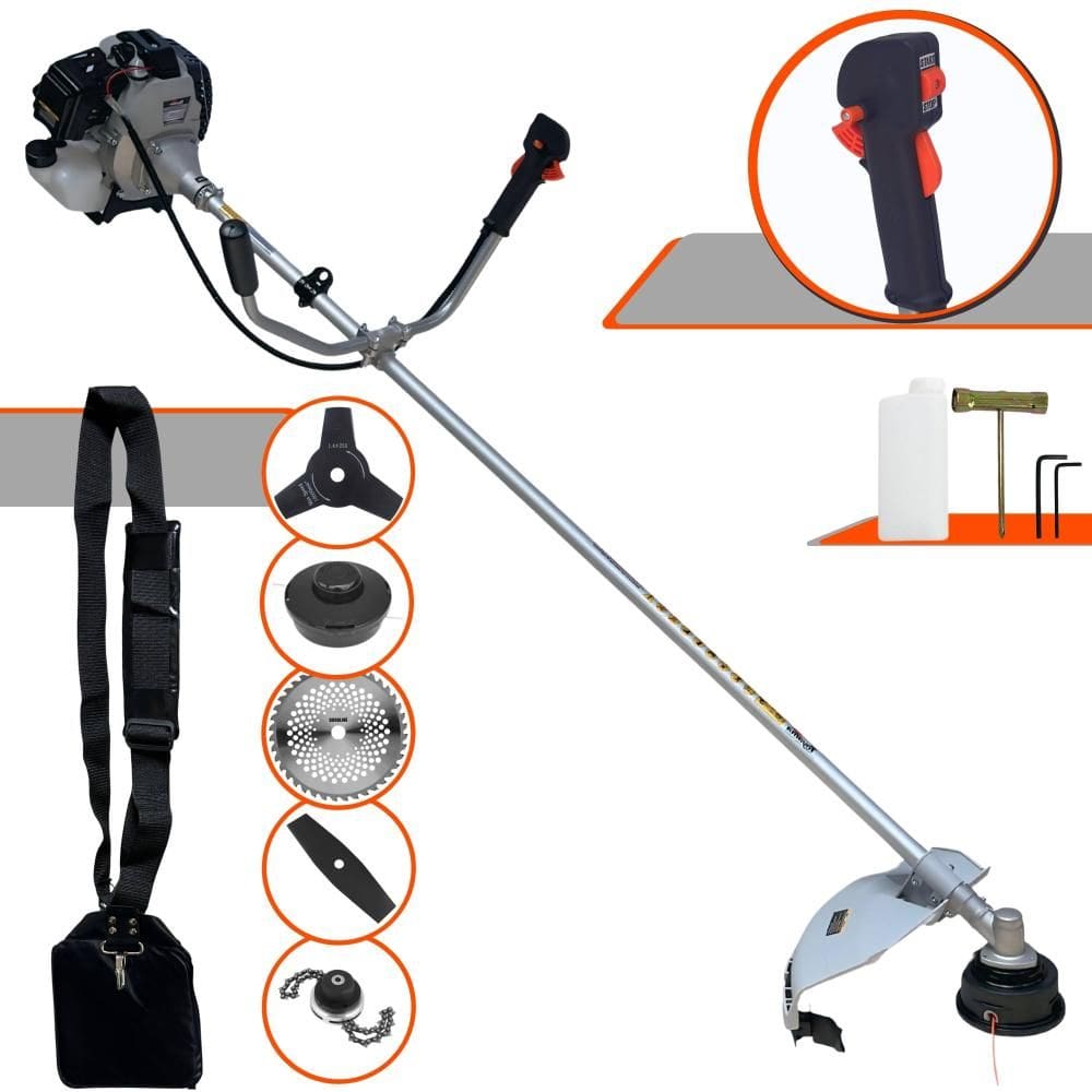 Roçadeira Lateral Toyama TBC43H À Gasolina 43cc 1,7HP Alta Rotação Para Todos os Tipos de Trabalho Com Carretel de Nylon + Kit de 4 Lâminas de Cortes