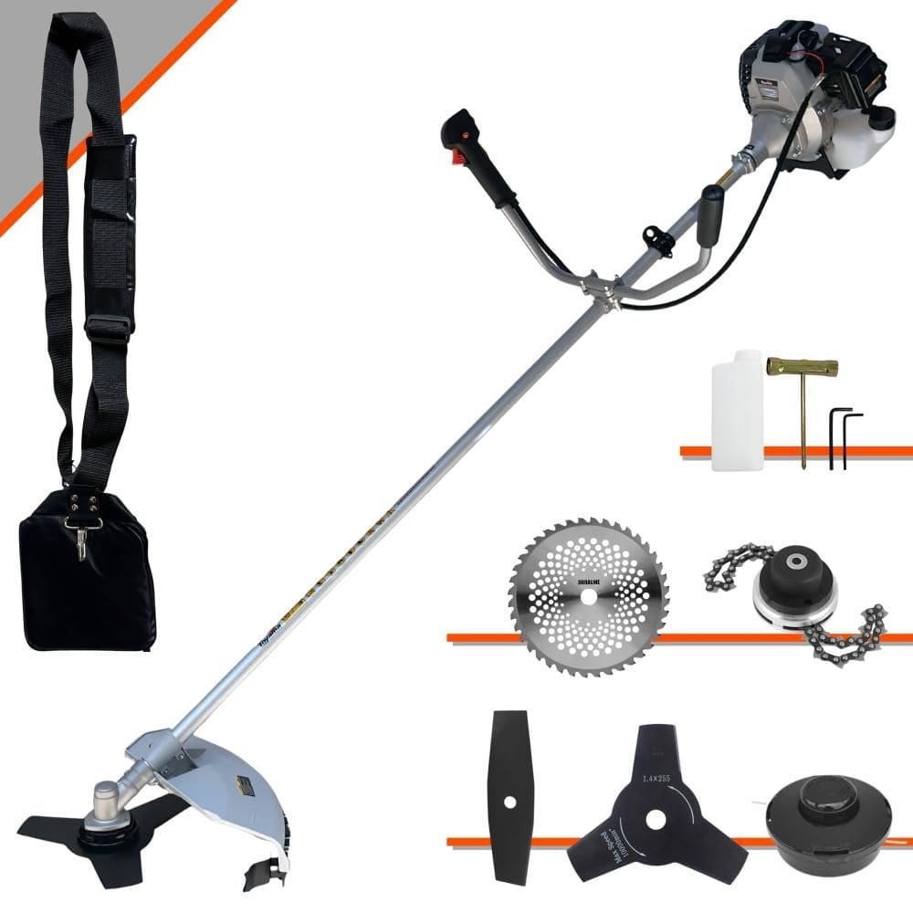 Roçadeira Profissional Completa Toyama TBC43H À Gasolina 2 Tempos 43cc 1,7HP de Potência Alta Rotação Com Carretel de Nylon + Kit 4 Lâminas de Cortes