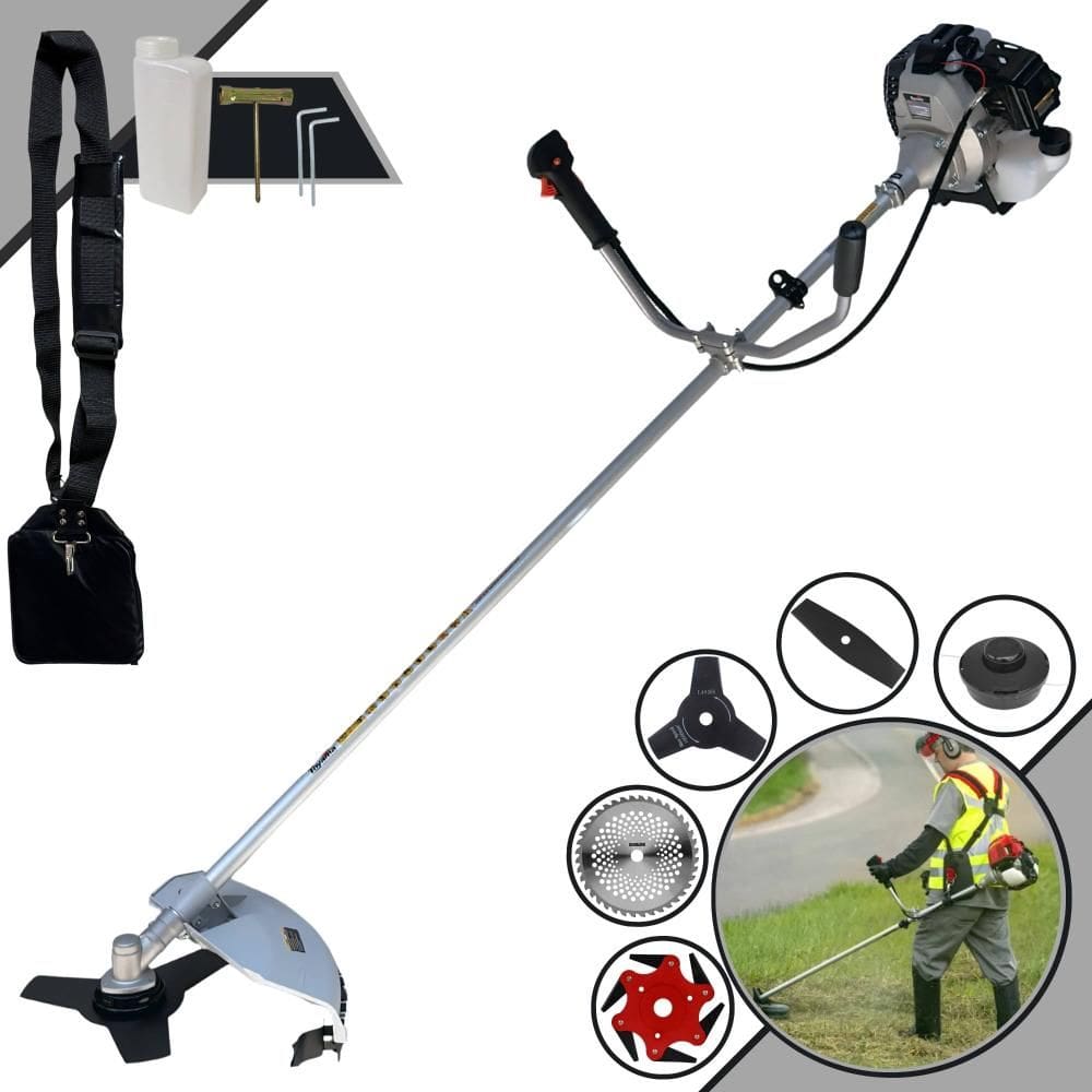 Roçadeira Toyama TBC43H À Gasolina 43cc Com Sistema Anti-Vibração Para Todos os Tipos de Trabalho Com Carretel de Nylon + Kit de 4 Lâminas de Cortes