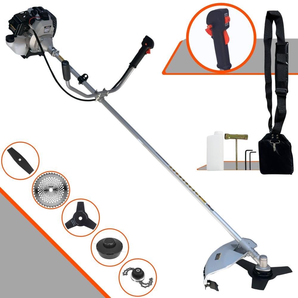Roçadeira Com Sistema Anti-Vibração Toyama TBC43-H À Gasolina 2T 1,7HP 43cc Com Lâmina Facão + Lâmina 3 Pontas + Disco 40 Dentes + Trimmer + Carretel