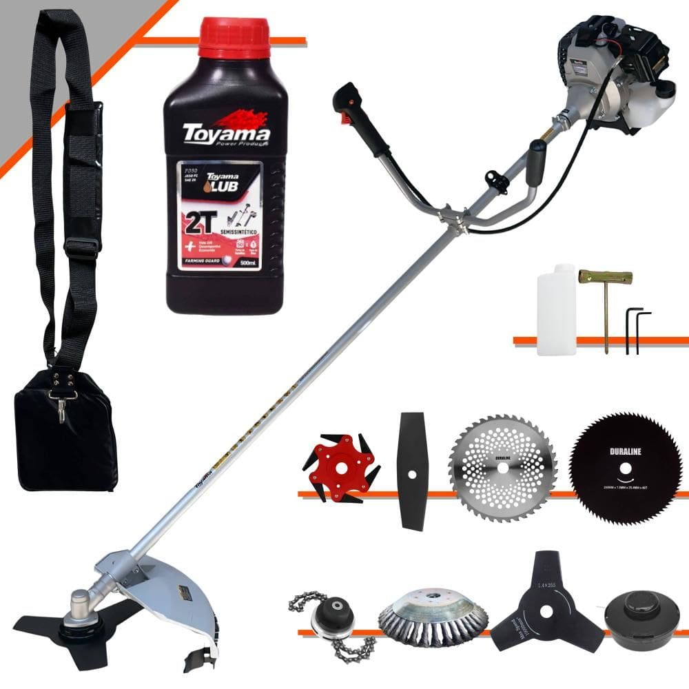 Roçadeira Com Sistema Antivibração Toyama TBC43H À Gasolina 43cc 1,7HP de Potência Alta Rotação C/ Carretel Nylon + Kit 7 Lâminas Extras + ÓLEO TOYAMA