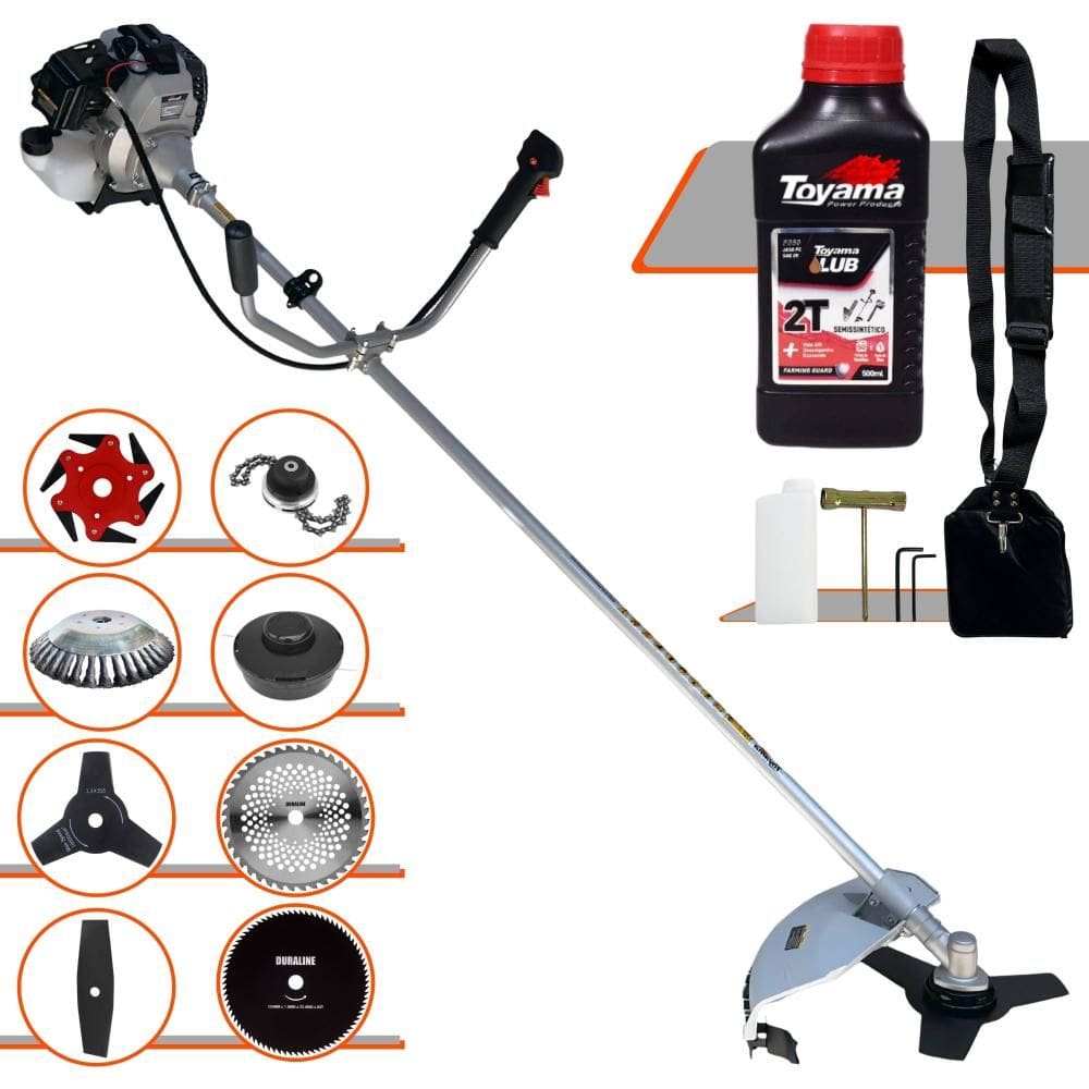 Podador de Grama Toyama TBC43H 43cc + Facas 2 Pontas, 3 Pontas, 6 Pontas, 40 Dentes Vídea, 80 Dentes, Trimmer, Carretel, Escova de Aço + ÓLEO TOYAMA