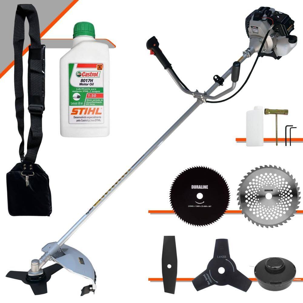 Roçadeira Com Sistema Antivibração À Gasolina Toyama TBC43H 43cc 1,7HP Completa 5 em 1 Com Carretel Nylon + 4 Lâminas de Corte + ÓLEO STIHL 2 Tempos