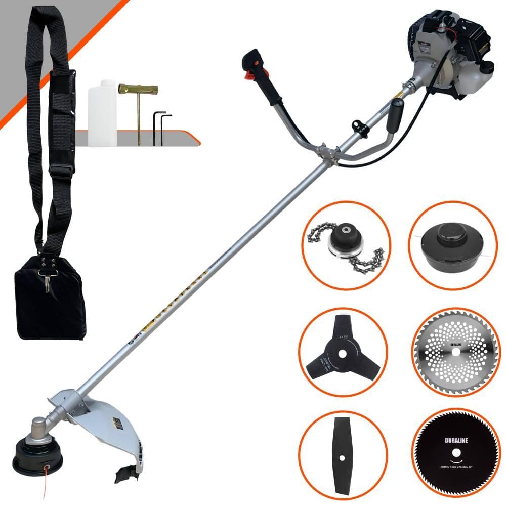 Aparador de Grama Completo Toyama TBC43-H À Gasolina Motor 2T 43cc 12.000rpm 1,7HP de Potência Com Kit 4 Lâminas de Corte, Trimmer e Carretel de Nylon