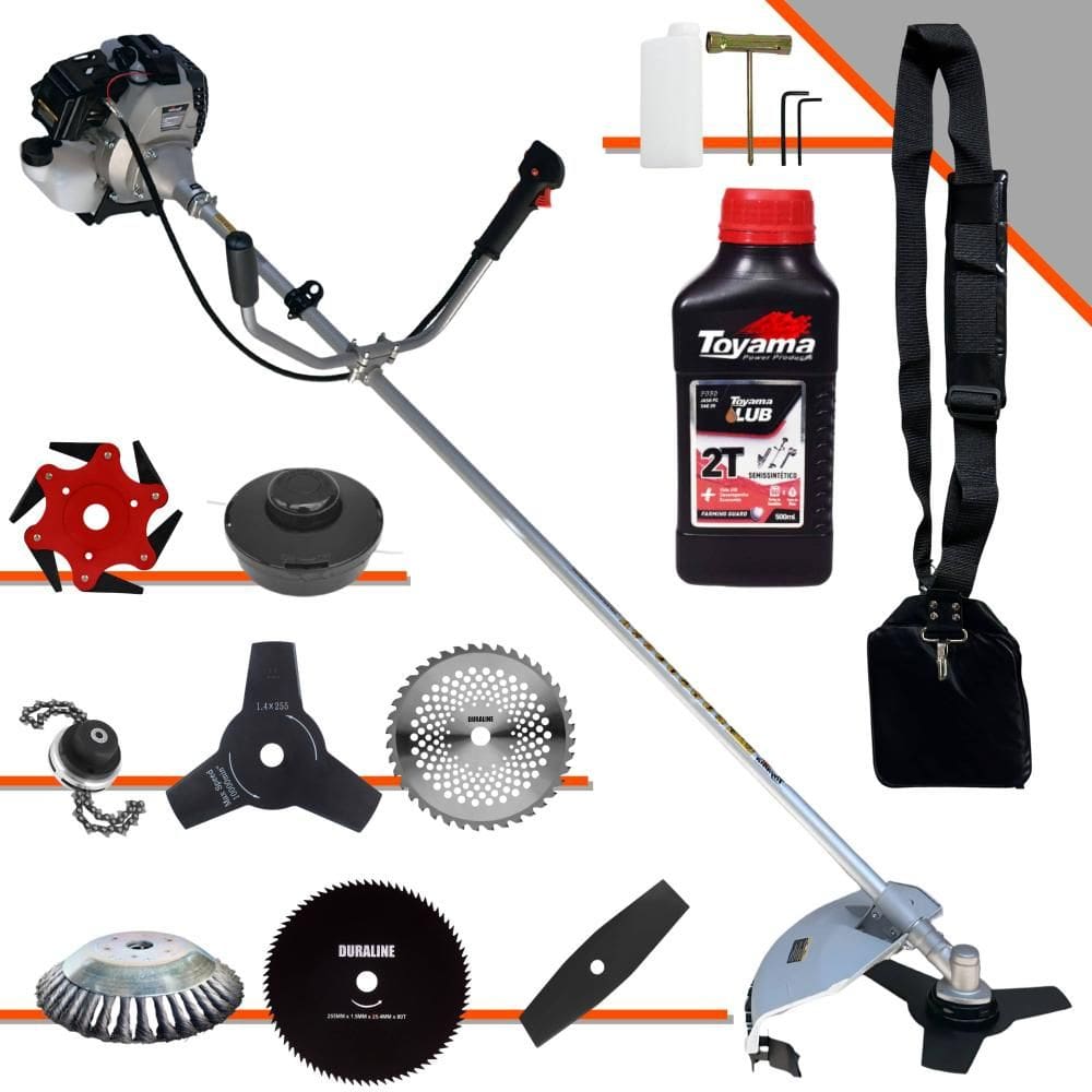 Roçadeira Robusta Toyama TBC43H À Gasolina 2T 43cc 1,7HP Com Sistema Anti-Vibração Completa Com Carretel Nylon + 7 Lâminas de Corte + ÓLEO TOYAMA FG50