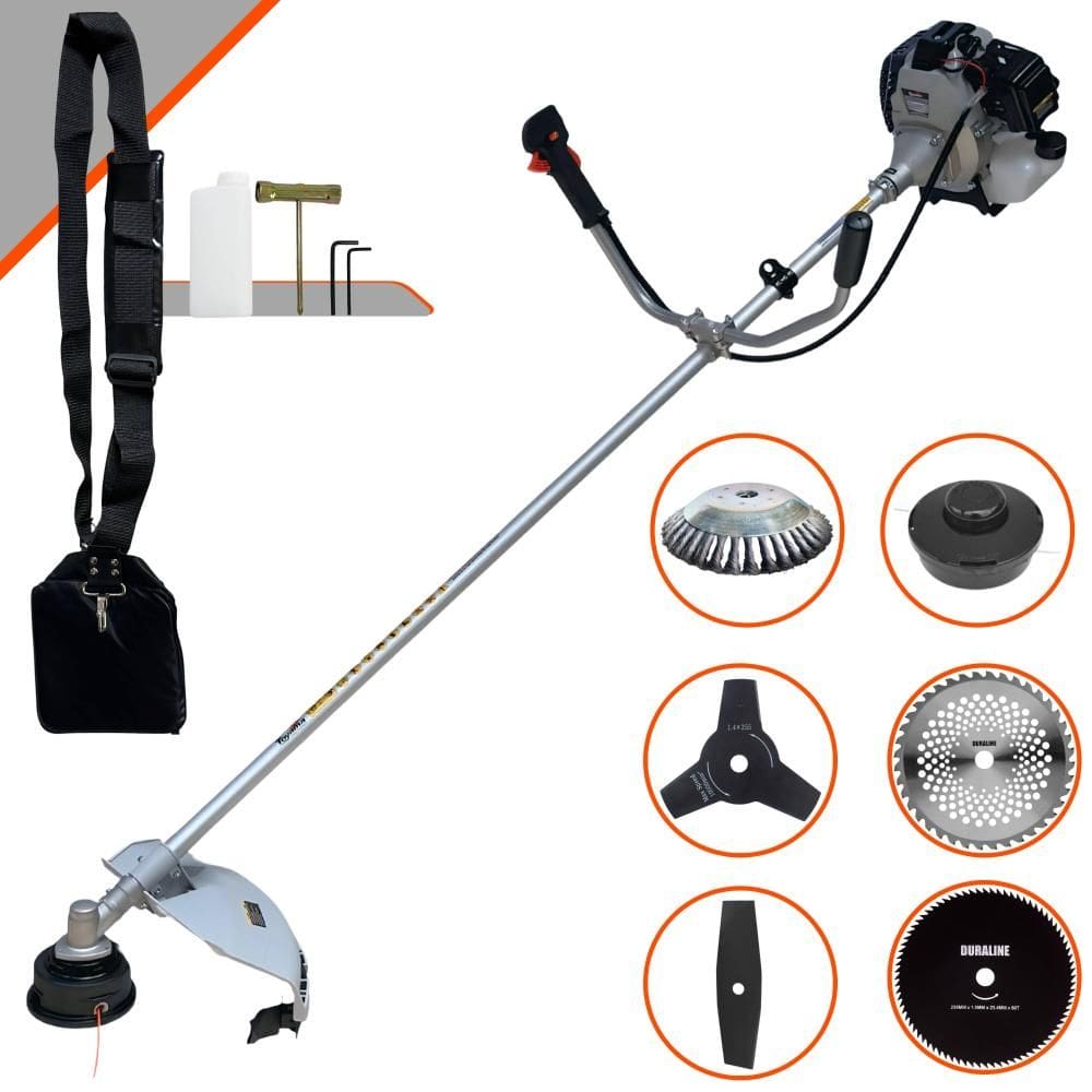 Roçadeira Multifunções Toyama TBC43H À Gasolina 2T 43cc 1,7HP 12.000rpm Com Carretel + Kit 4 Lâminas de Cortes + Escova de Aço Para Pavers e Calçadas