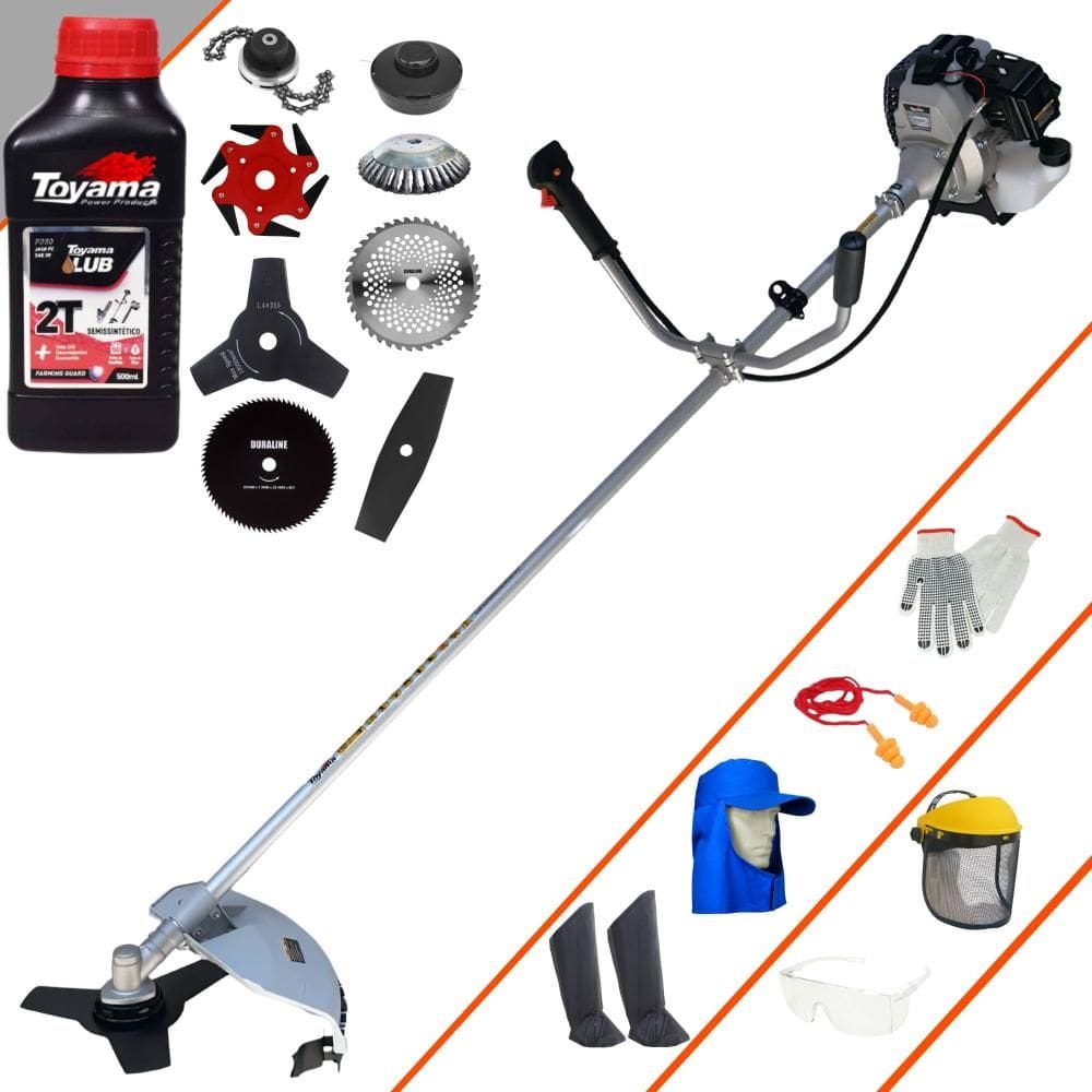 Roçadeira Com Sistema Antivibração Toyama TBC43H 43cc 1,7HP 12.000rpm Completa Com Carretel de Nylon + 7 Opções de Corte + EPI + ÓLEO TOYAMA 2 TEMPOS