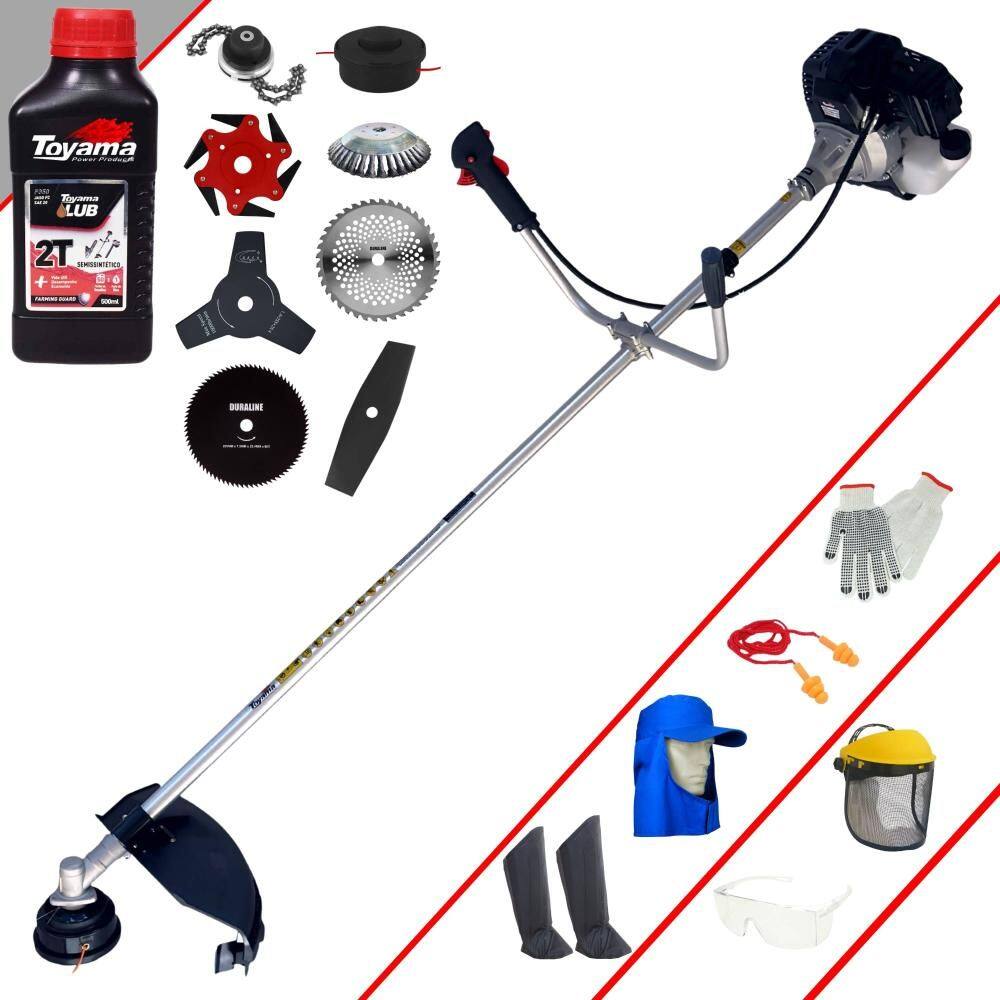 Roçadeira Com Sistema Antivibração Toyama RT43LB25A 43cc 1,7HP 10.000rpm Completa Com Carretel de Nylon + 7 Opções de Corte + EPI + ÓLEO TOYAMA 2T