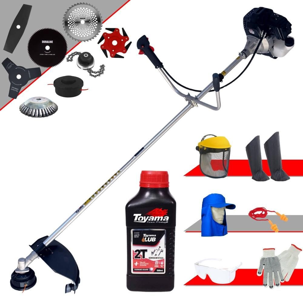 Roçadeira Robusta Toyama RT43LB25A À Gasolina 43cc 1,7HP de Potência Com Sistema Antivibração Carretel + Kit 7 Opções de Cortes + EPI + ÓLEO TOYAMA 2T