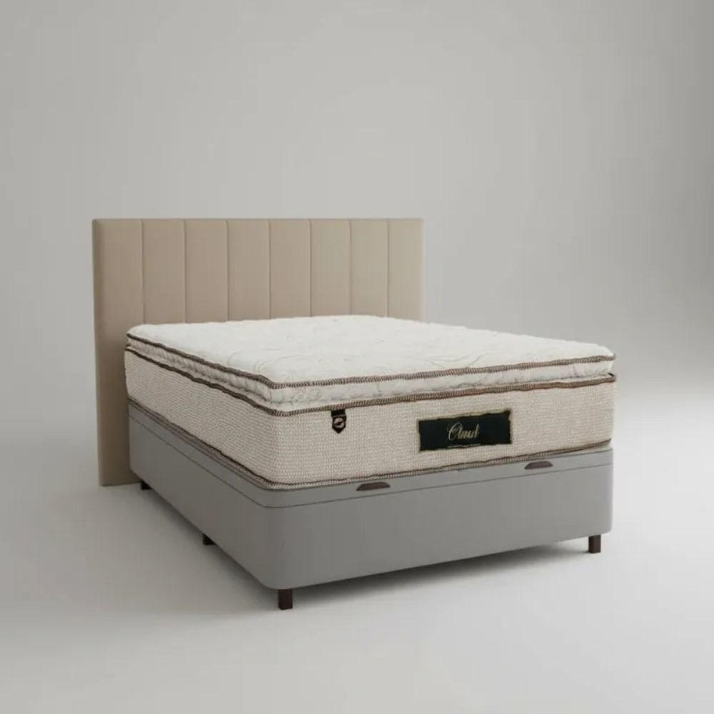 Cama Box Baú Casal Suede + Colchão Cloud Pillow Top Molas Ensacadas Luckspuma 138x188x74 Cor:cinza
