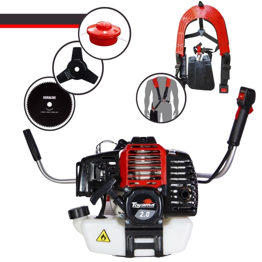 Roçadeira À Gasolina RT52-L Toyama 2 Tempos 52cc 2HP Alta Rotação Cortador de Grama Completo Com Carretel de Nylon + Faca 3 Pontas + Faca 80 Dentes