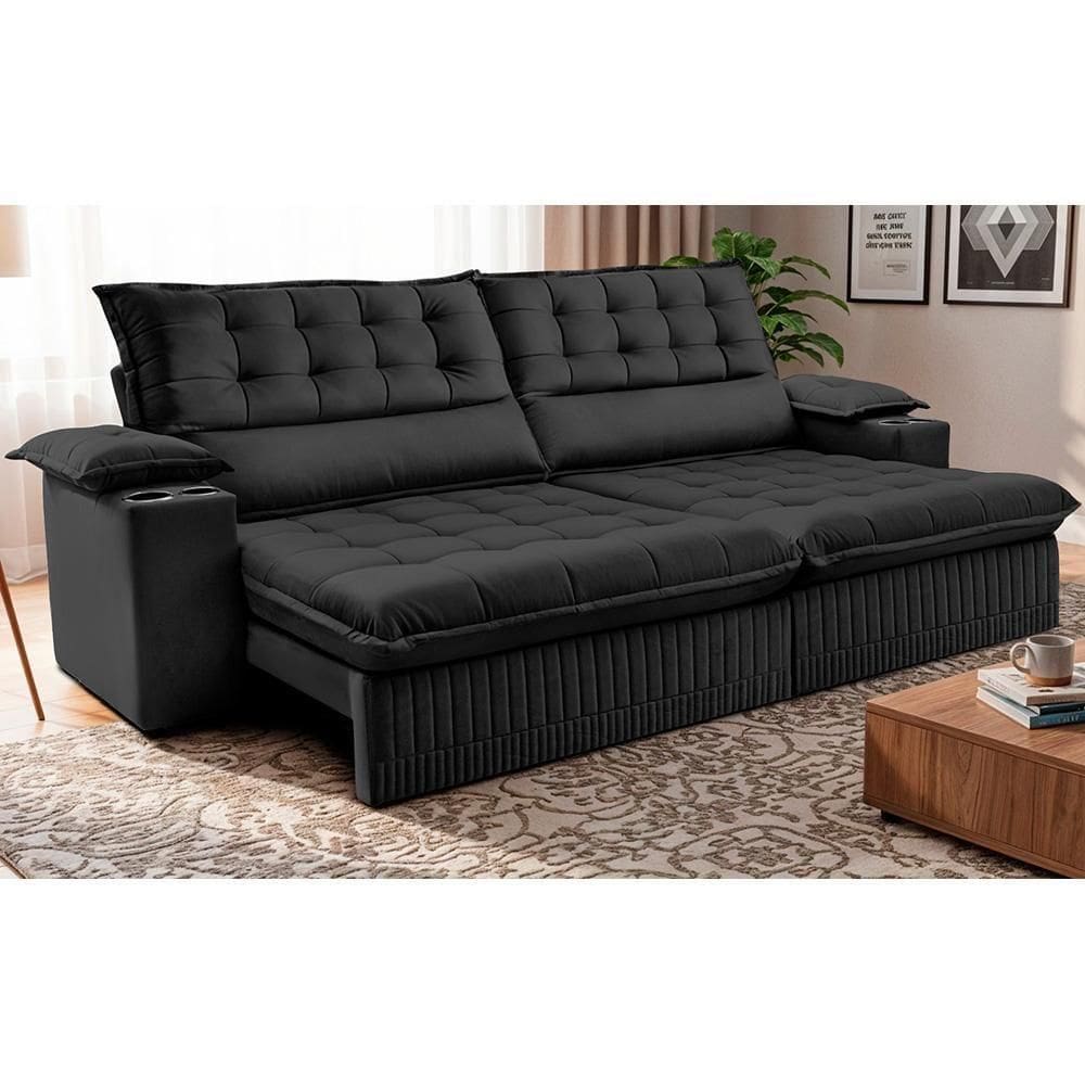Sofá Retrátil E Reclinável 2,80m Molas Ensacadas Dream. Velusoft Cama Inbox Preto