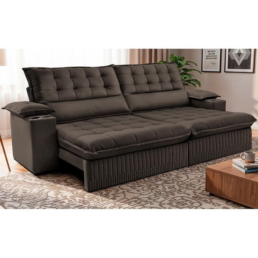 Sofá Retrátil E Reclinável 3,10m Molas Ensacadas Dream. Velusoft Cama Inbox Café