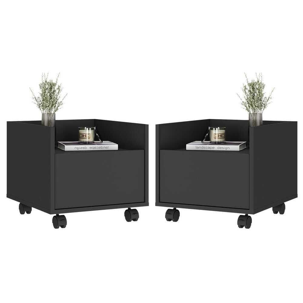 Kit Com 2 Mesas De Cabeceira 40Cm Com Rodízios Multimóveis V4045 Preta Preto
