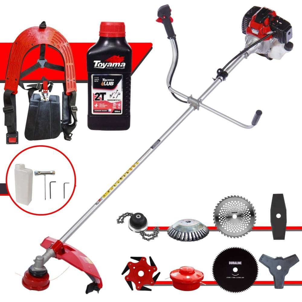 Roçadeira Robusta Toyama RT52L À Gasolina 2T 52cc 2HP Com Sistema Anti-Vibração Completa Com Carretel Nylon + 7 Lâminas de Corte + ÓLEO TOYAMA FG50