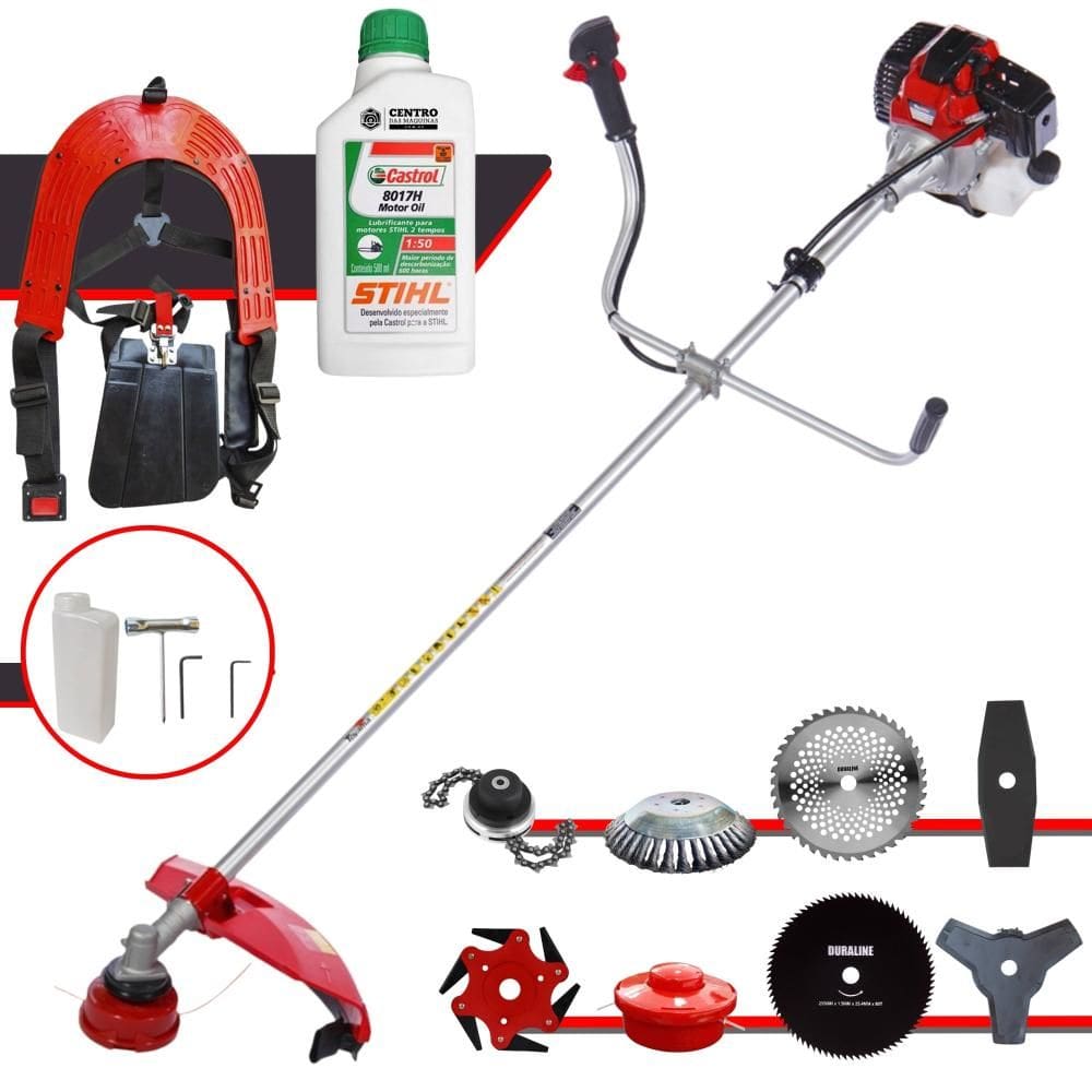 Roçadeira Toyama RT52L 52cc Com Carretel + Facas 2 Pontas, 3 Pontas, 6 Pontas, 40 Dentes de Vídea, 80 Dentes, Trimmer, Escova de Aço + ÓLEO STIHL 2T