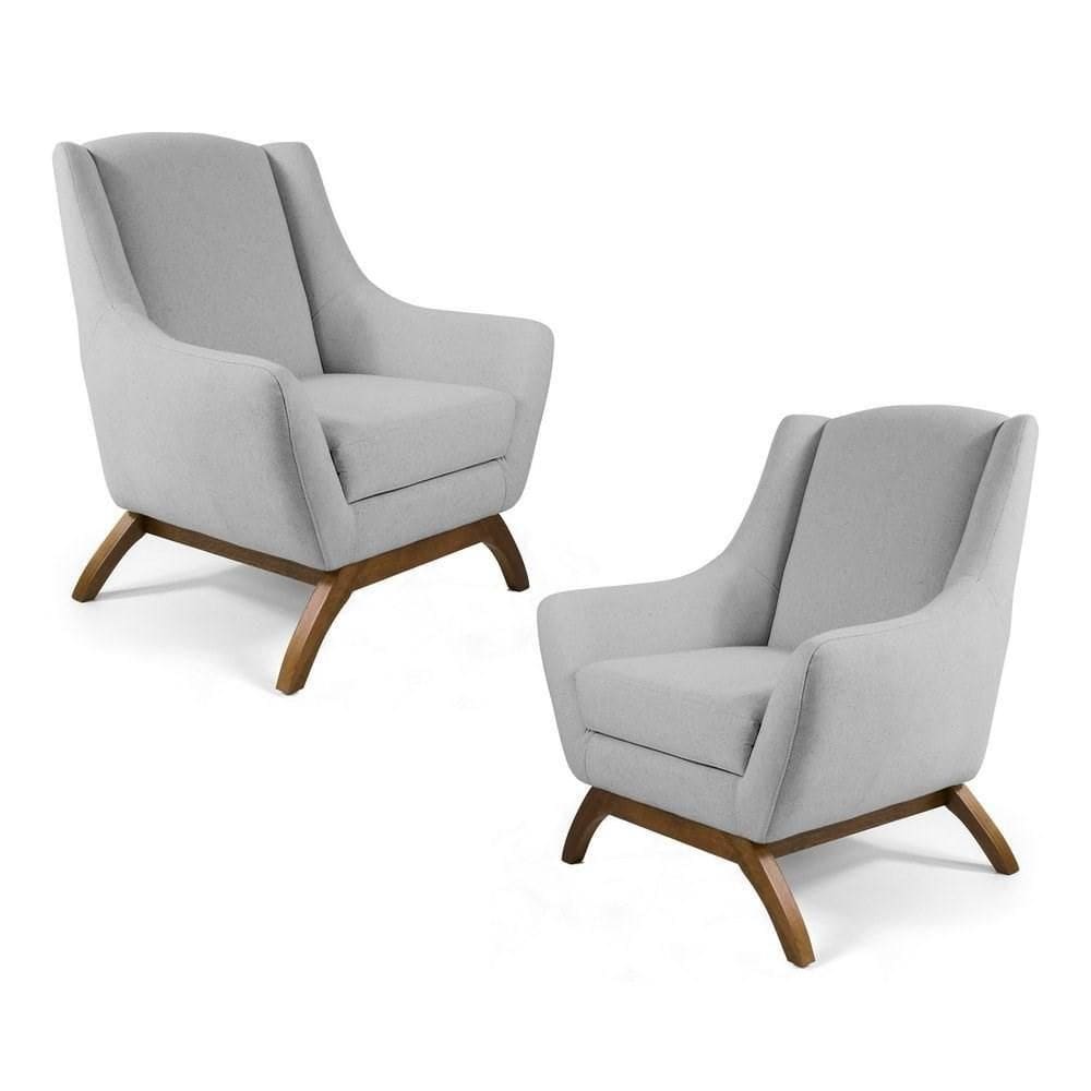Kit 2 Poltronas Decorativas Base De Madeira Juliet Linho D-315 Cinza Claro - Domi