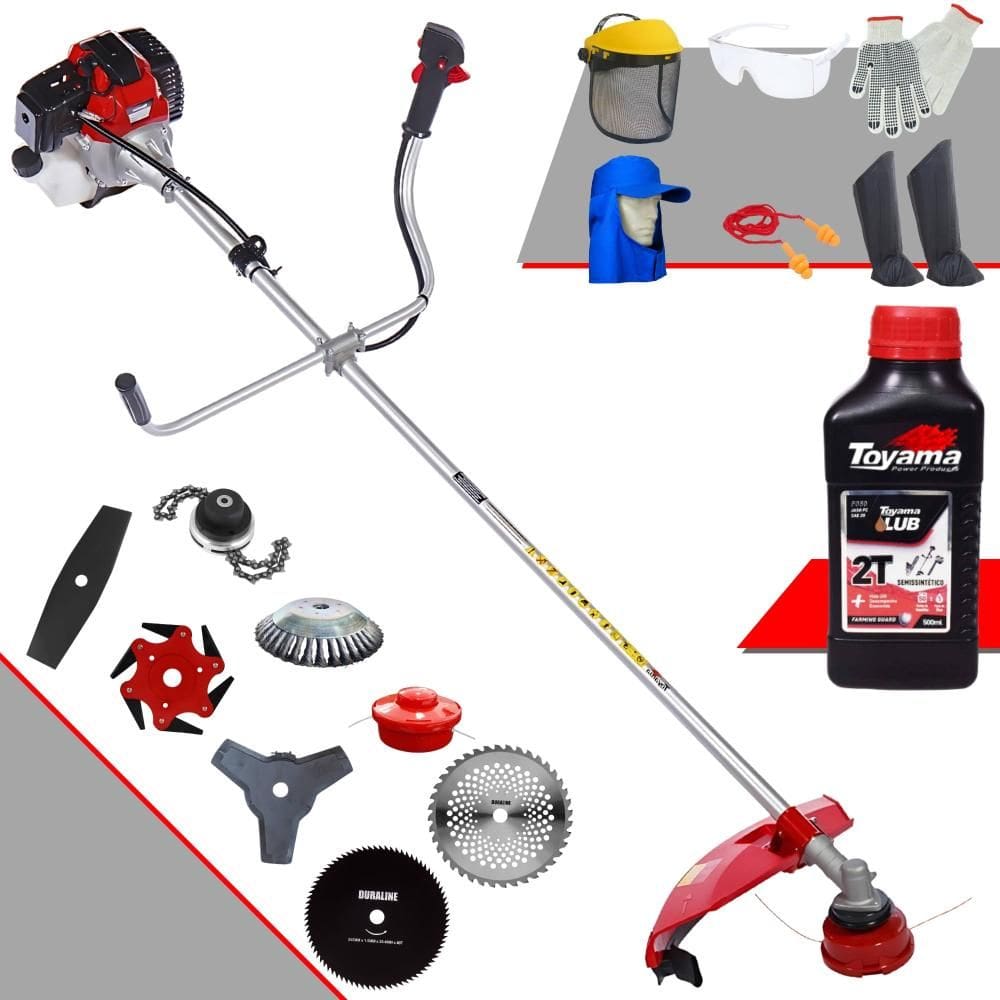 Roçadeira Robusta Toyama RT52L À Gasolina 52cc 2HP de Potência Com Sistema Antivibração Carretel Nylon + Kit 7 Opções de Cortes + EPI + ÓLEO TOYAMA