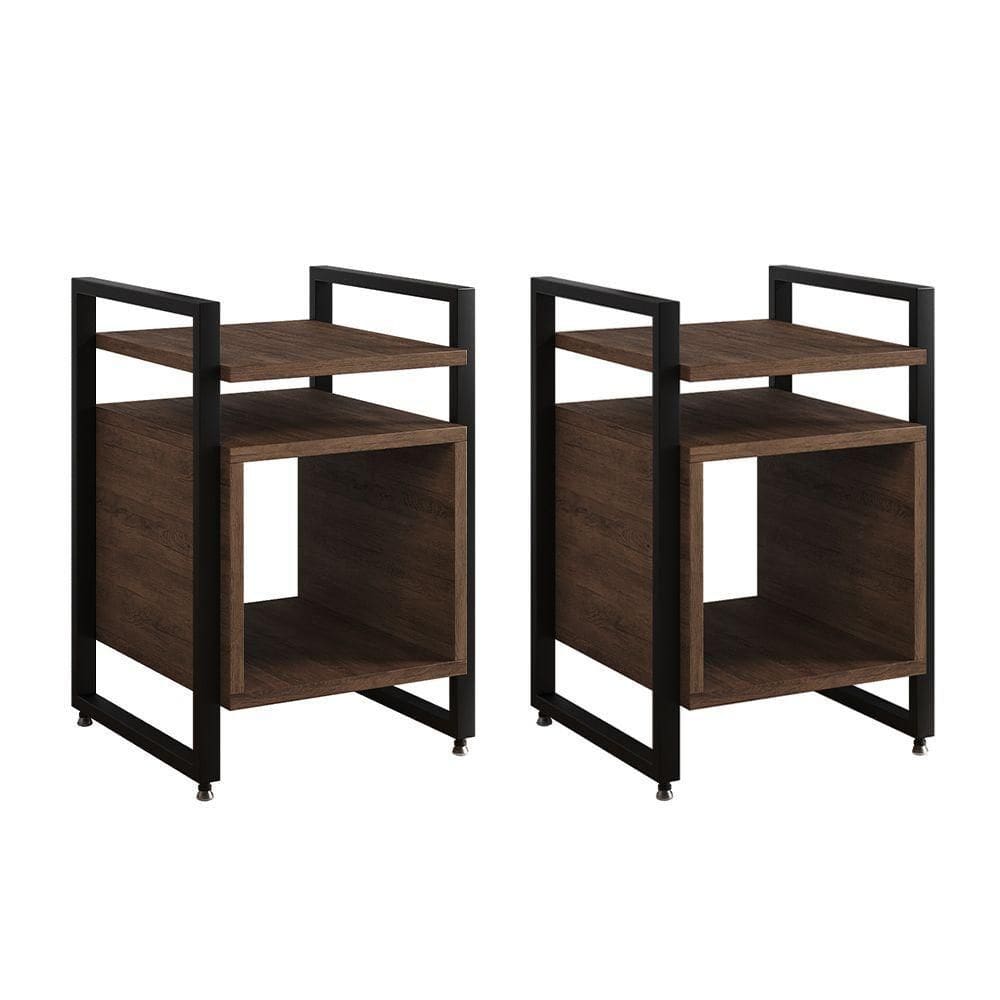 Kit 2 Mesas De Cabeceira Industrial Marrocos Ferro Preto E Tampo Amêndoa