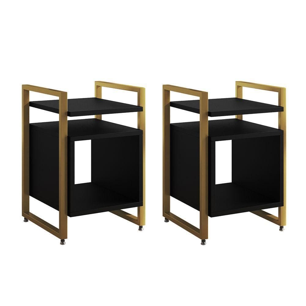 Kit 2 Mesas De Cabeceira Industrial Marrocos Ferro Dourado E Tampo Preto