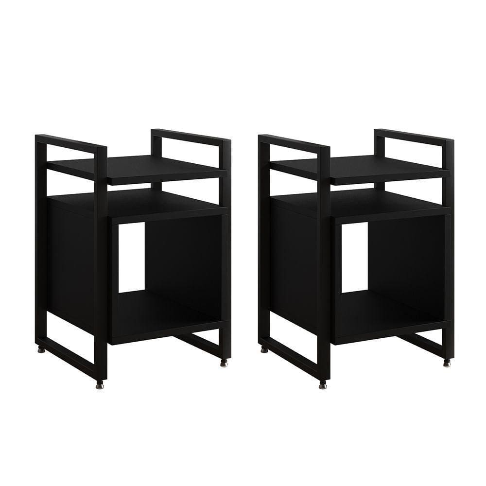 Kit 2 Mesas De Cabeceira Industrial Marrocos Ferro Preto E Tampo Preto