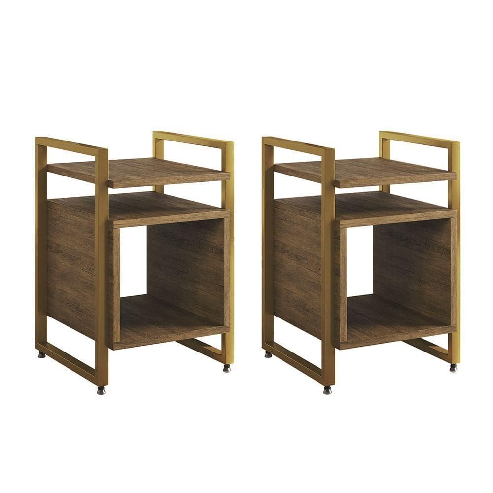 Kit 2 Mesas De Cabeceira Industrial Marrocos Ferro Dourado E Tampo Freijó