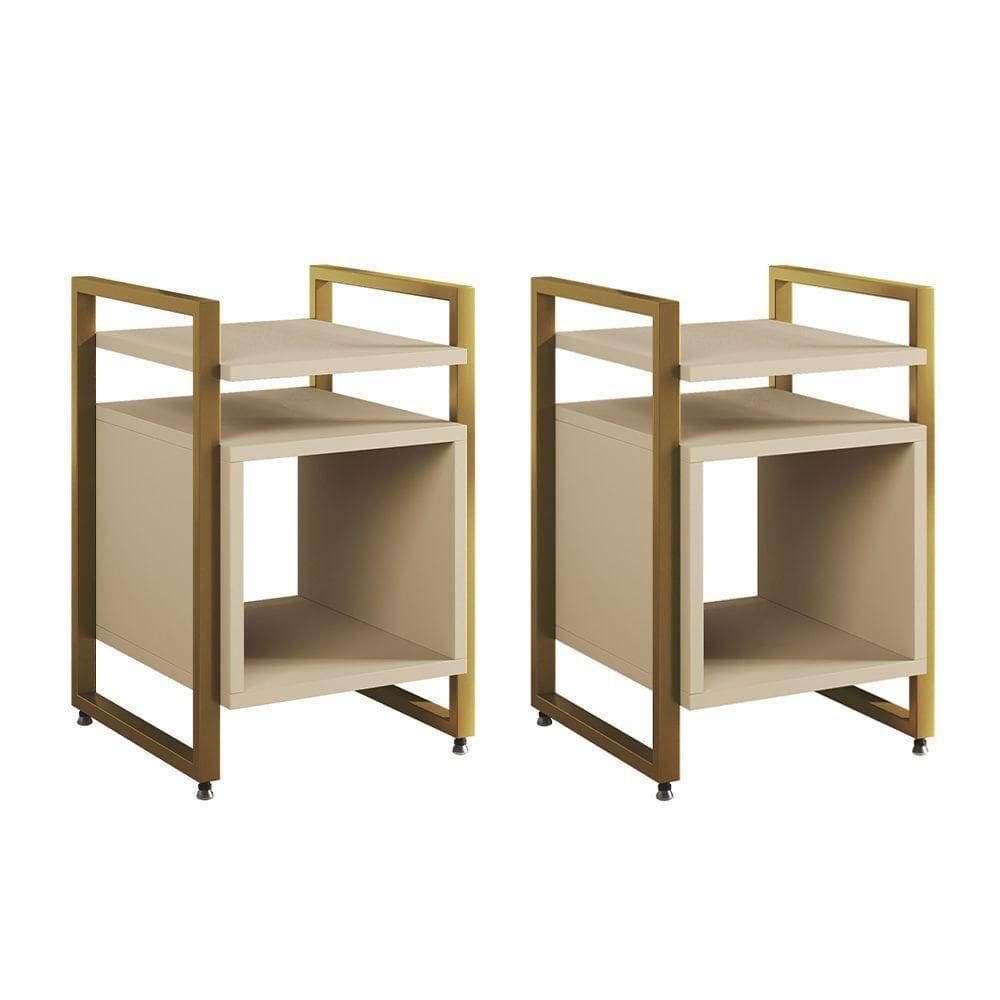 Kit 2 Mesas De Cabeceira Industrial Marrocos Ferro Dourado E Tampo Off-white