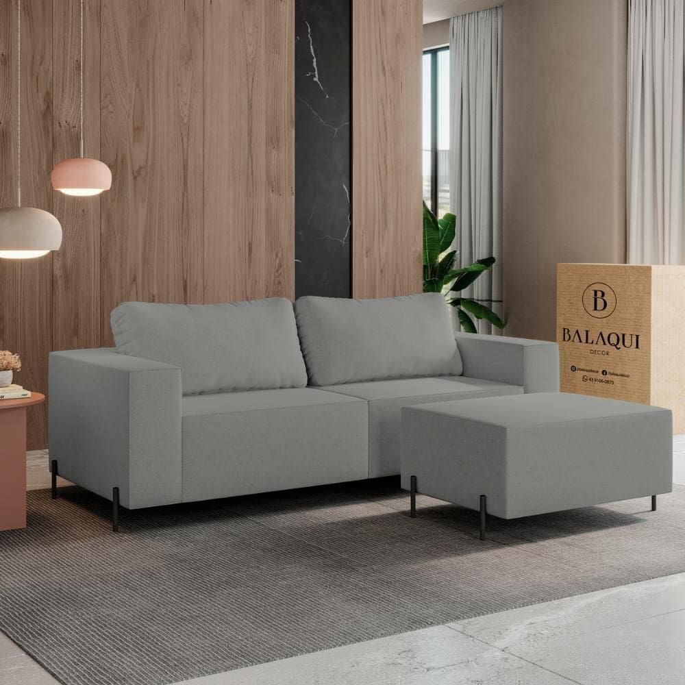 Sofá 3 Lugares Sense Moderno Bouclê Com Puff Balaqui Decor Cor:cinza Claro Cinza Claro