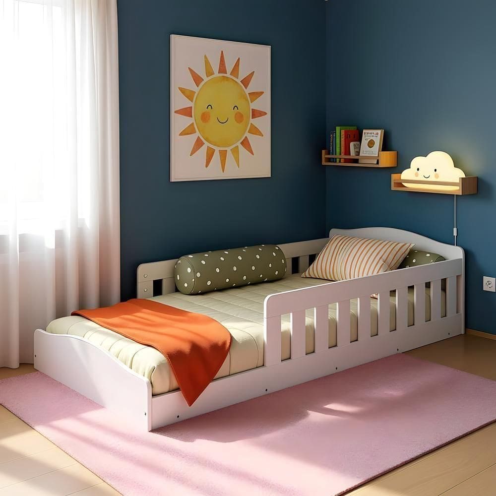 Cama Infantil Montessoriana Com Grades De Proteção Laterais Branco