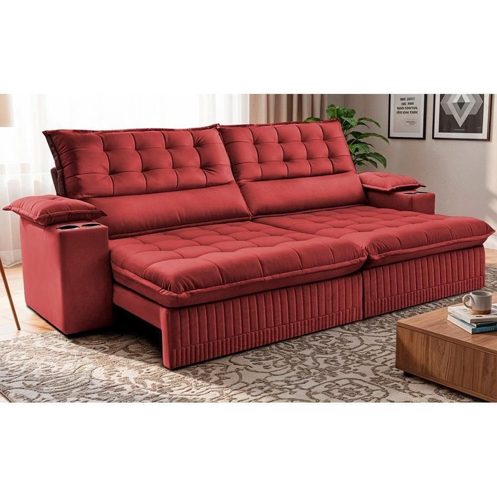 Sofá Retrátil E Reclinável 2,40m Molas Ensacadas Dream. Velusoft Cama Inbox Vermelho