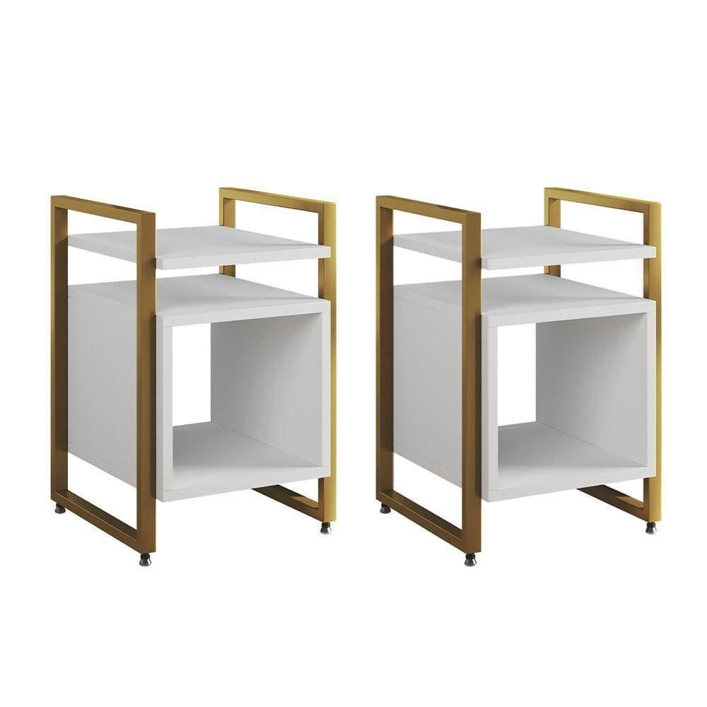 Kit 2 Mesas De Cabeceira Industrial Marrocos Ferro Dourado E Tampo Branco